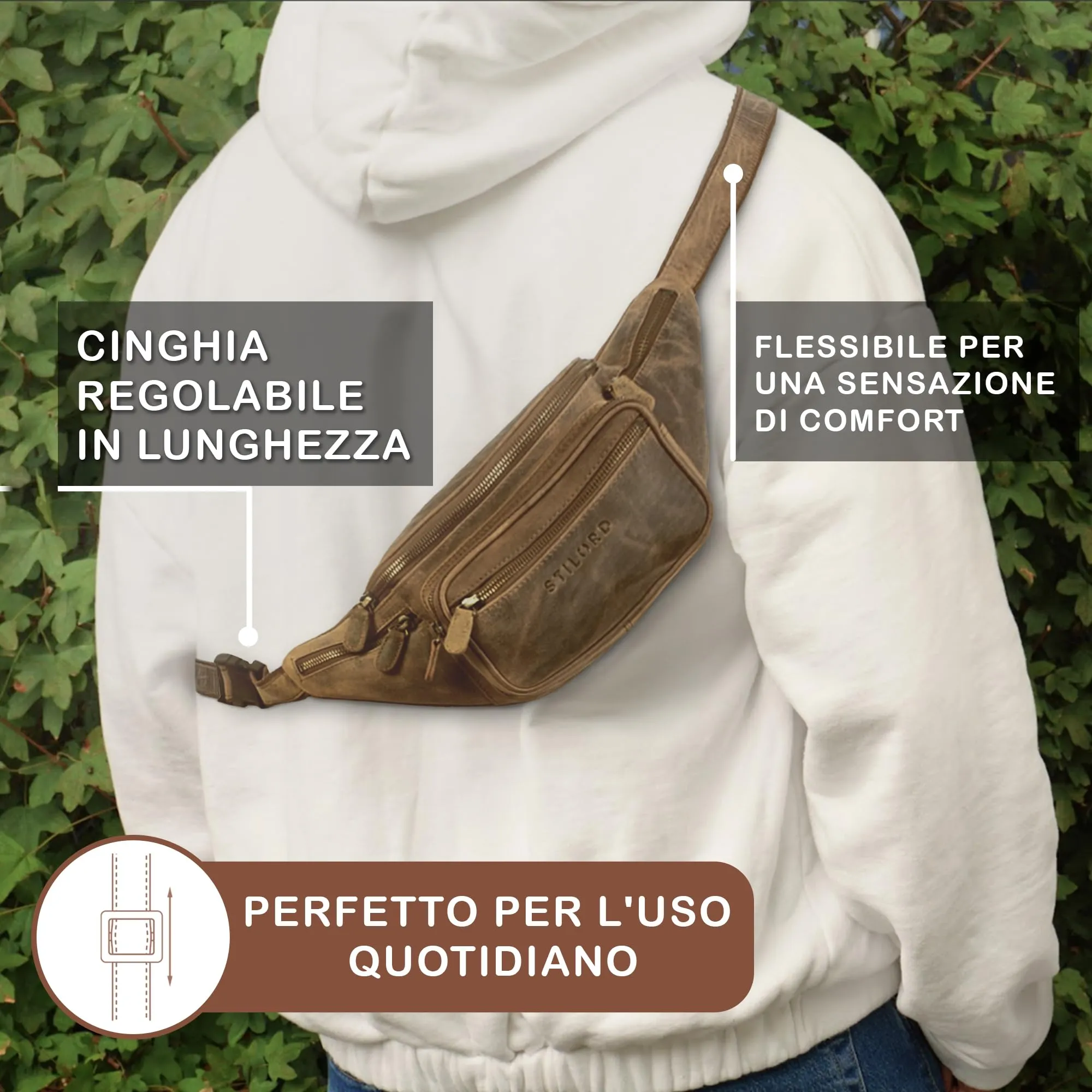 STILORD Caspar Marsupio Cintura in Vera Pelle con 6 Tasche, Marrone Medio - immagine 3