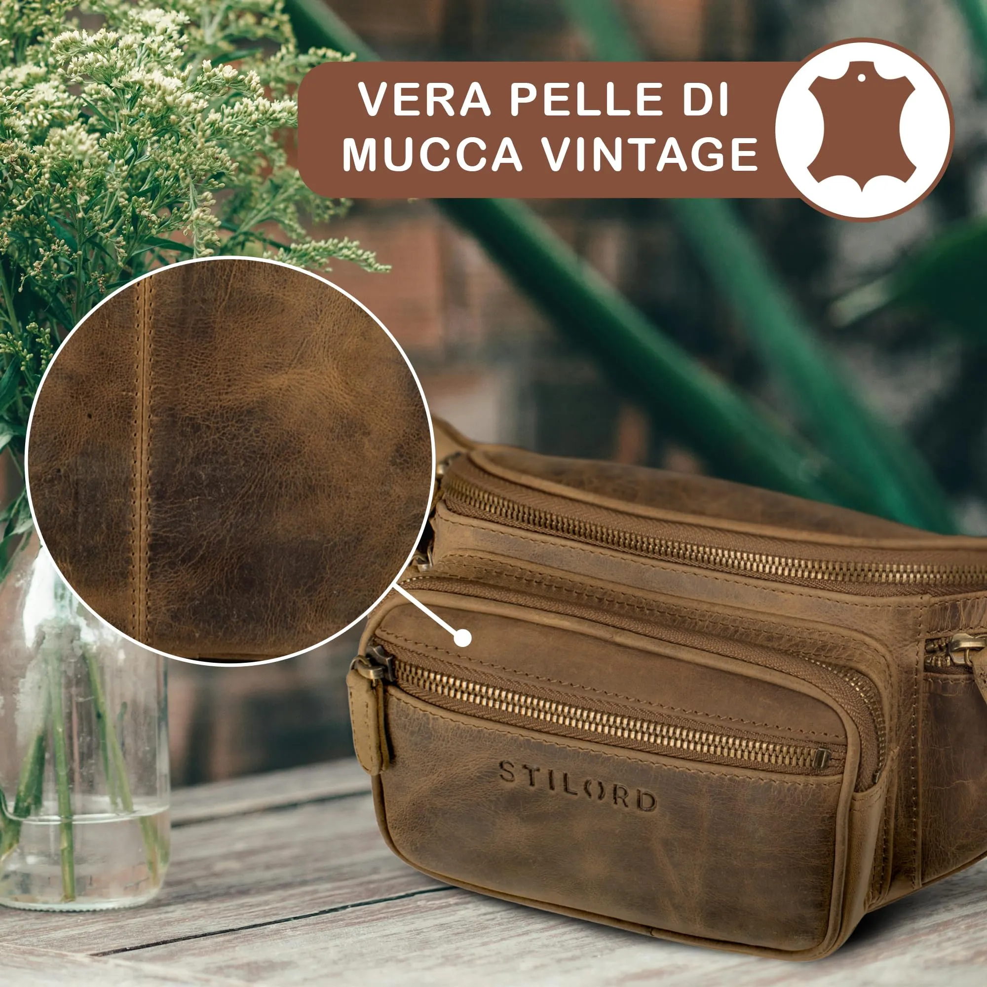STILORD Caspar Marsupio Cintura in Vera Pelle con 6 Tasche, Marrone Medio - immagine 6