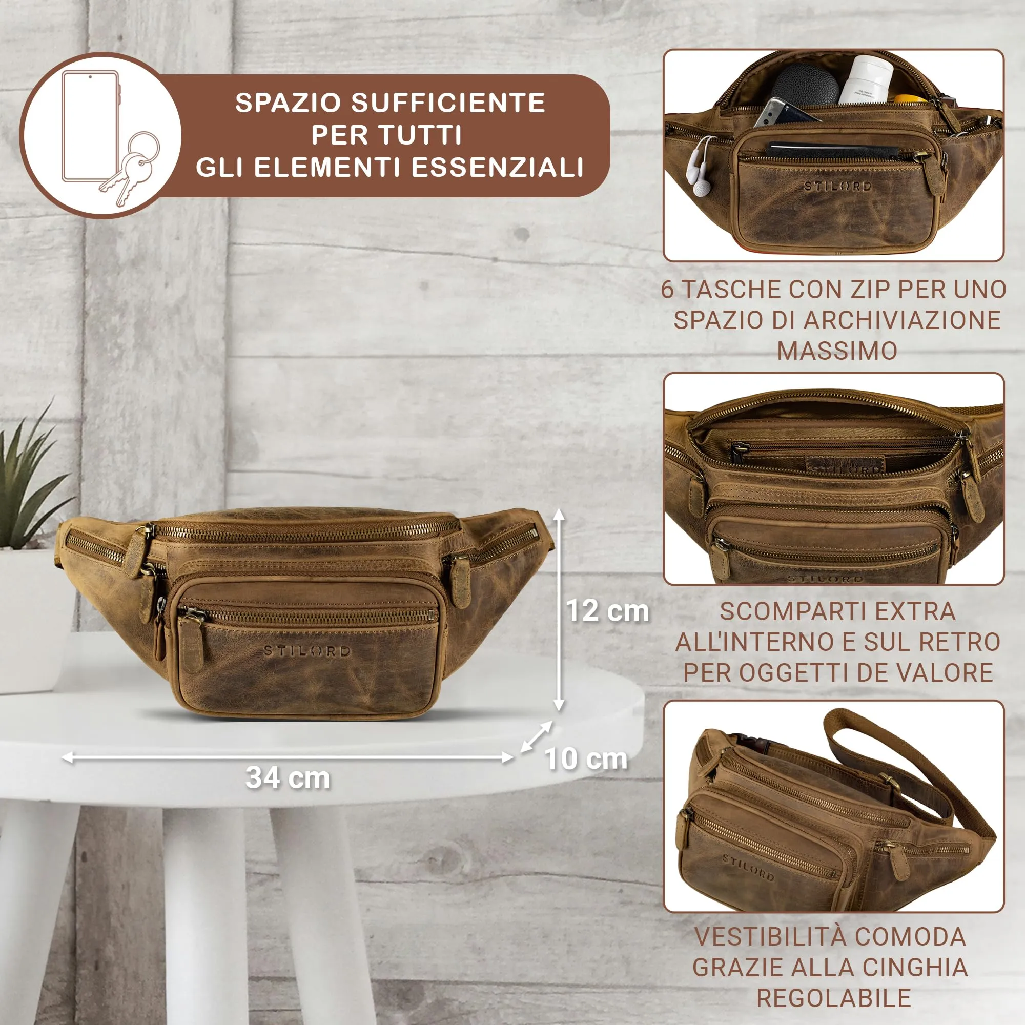 STILORD Caspar Marsupio Cintura in Vera Pelle con 6 Tasche, Marrone Medio - immagine 7