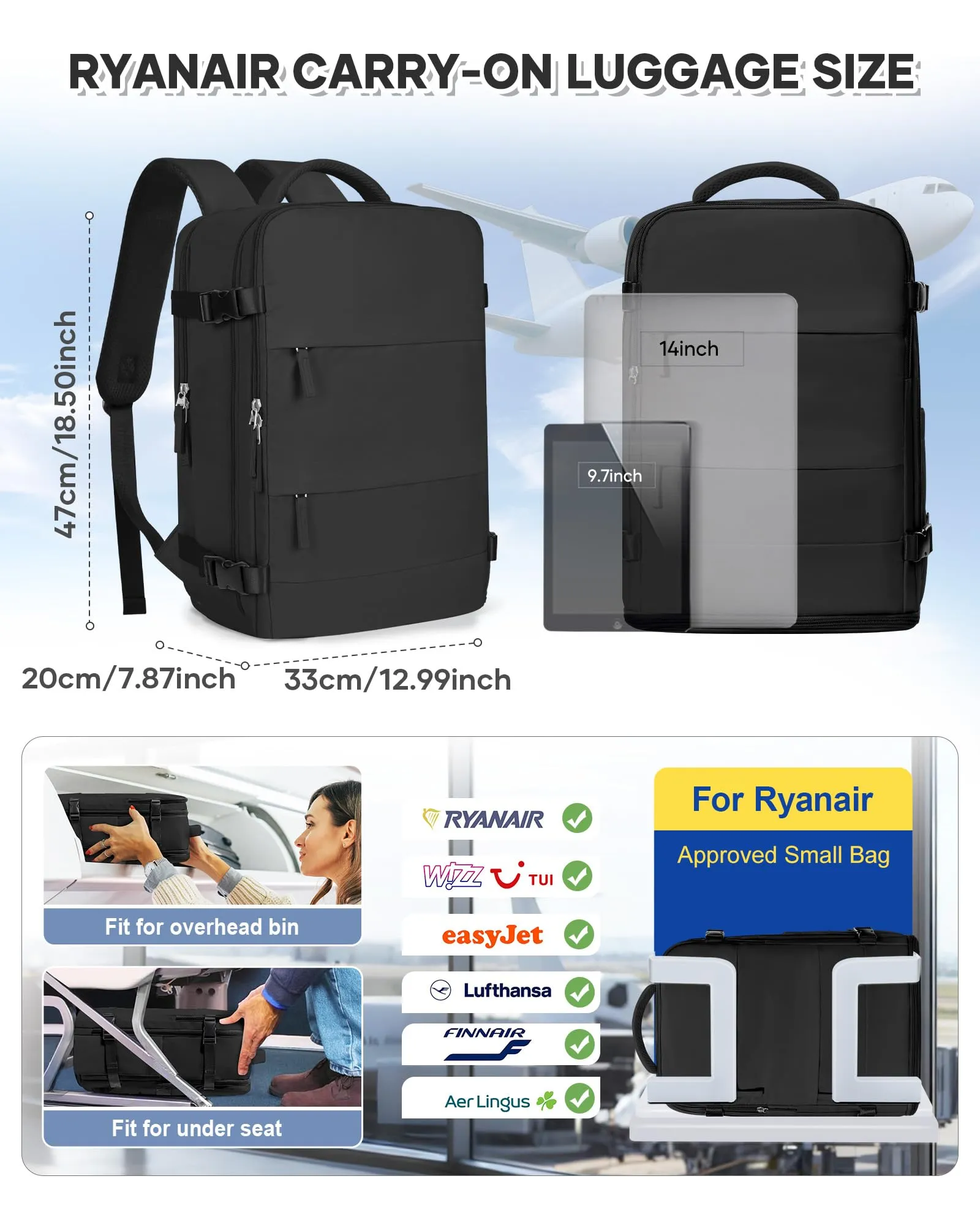 BJLFS Borsa da Cabina Ryanair 40x30x20 Bagaglio a Mano Sottovuoto Donna - immagine 3