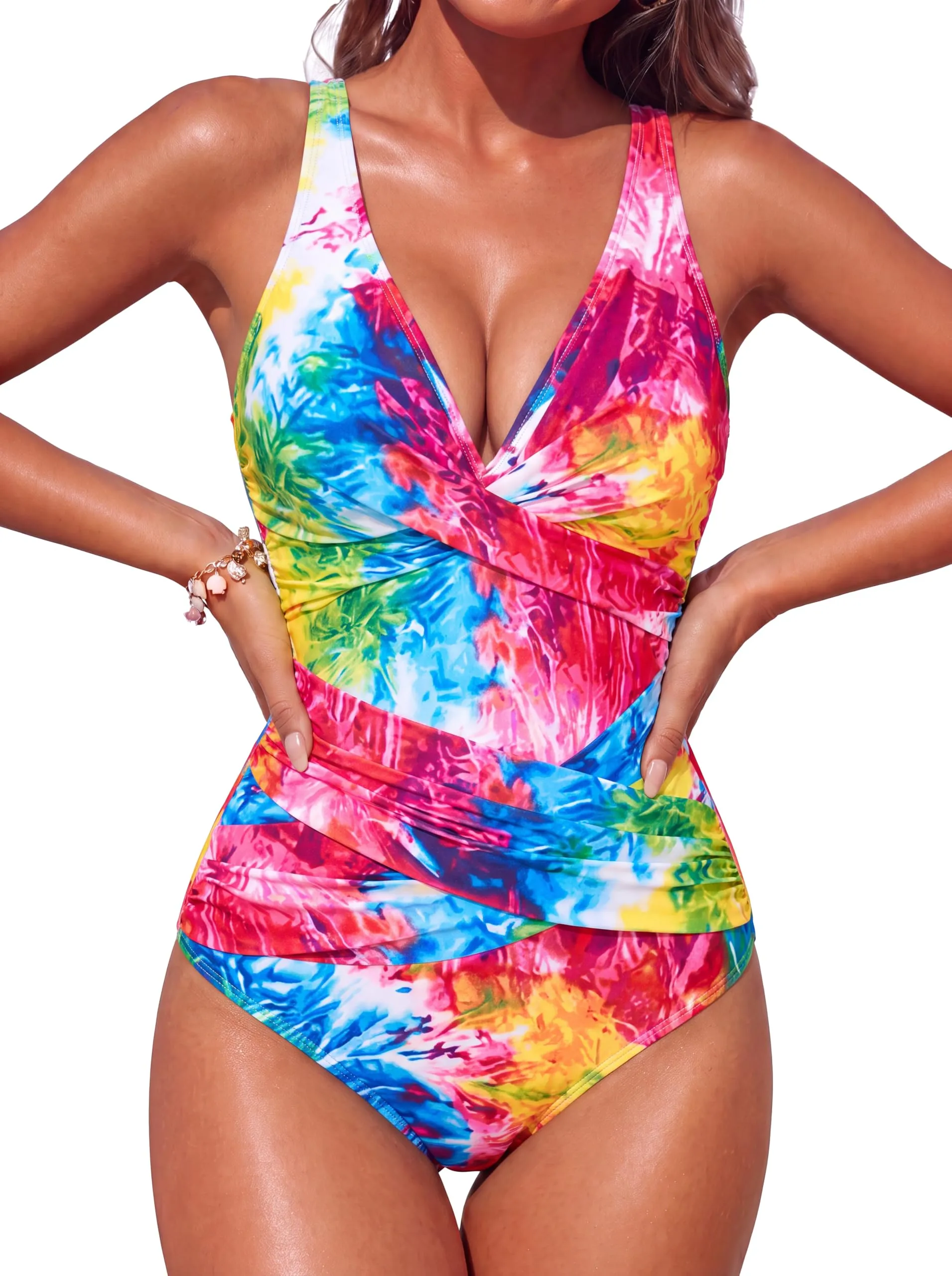 Smismivo Costume da Bagno Intero da Donna con Controllo della Pancia e Halter Imbottito, Tie Dye - immagine 1