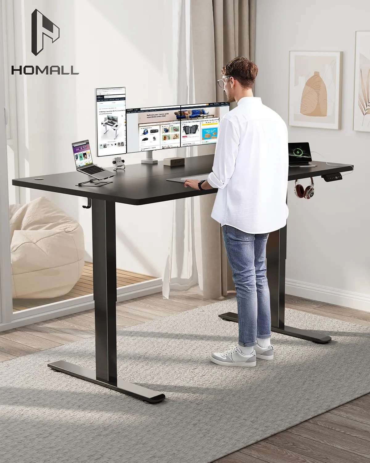 Homall Scrivania Regolabile in Altezza 160x80 cm con Porta USB, Nero - immagine 2