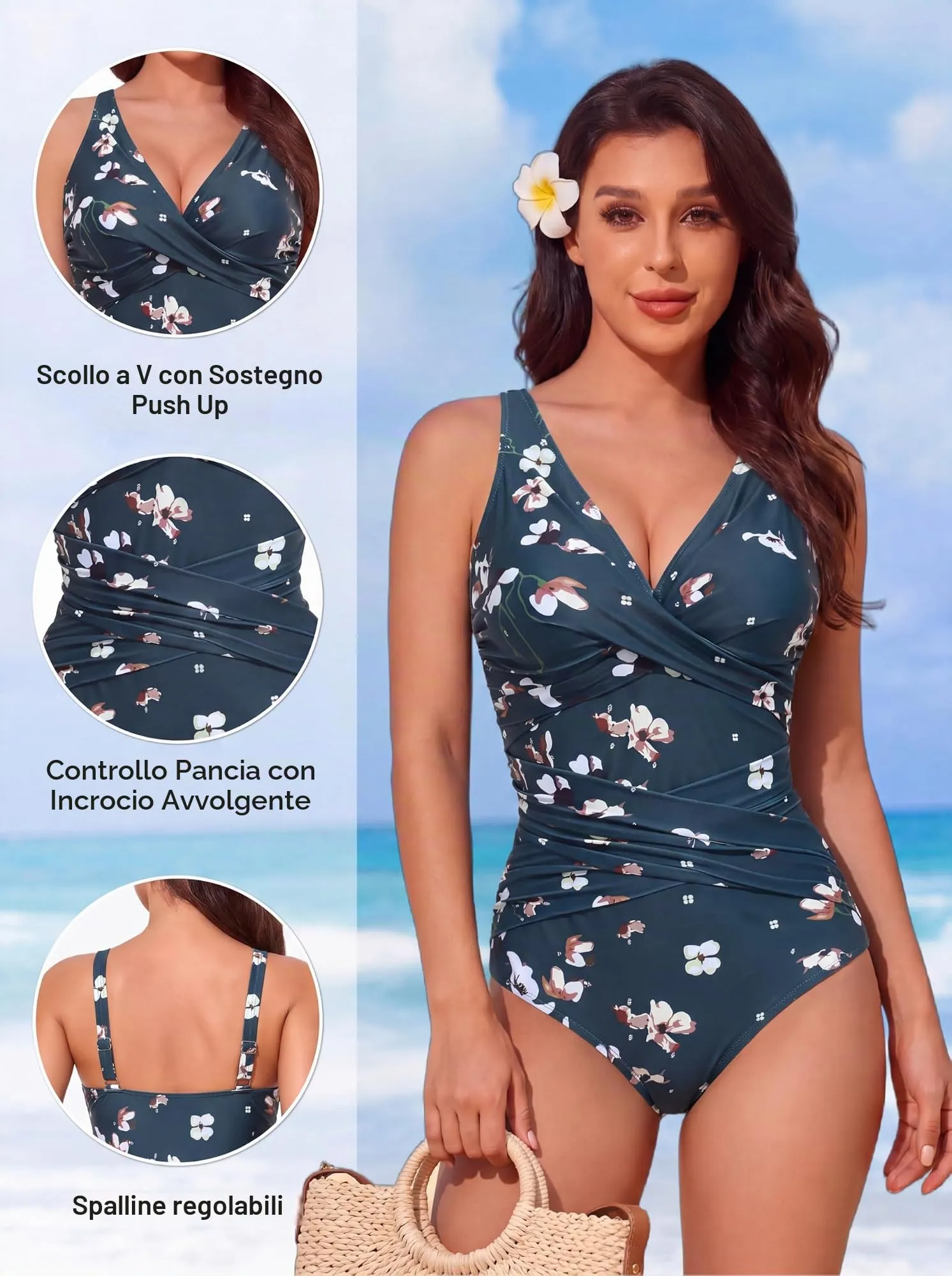 Smismivo Costume da Bagno Intero da Donna con Controllo della Pancia e Halter Imbottito, Floreale Dark Green - immagine 5