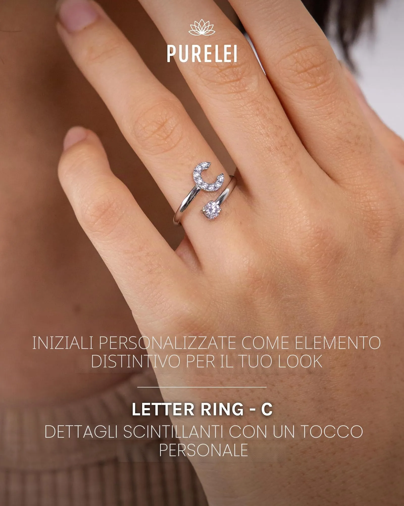 Purelei Anello con lettere in acciaio inossidabile, argento, regolabile 50-60 - immagine 2