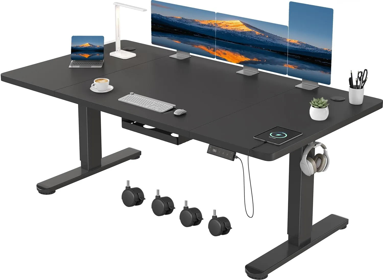 Devoko Scrivania Regolabile in Altezza 160x80 cm, Nero, con Ruote - immagine 1