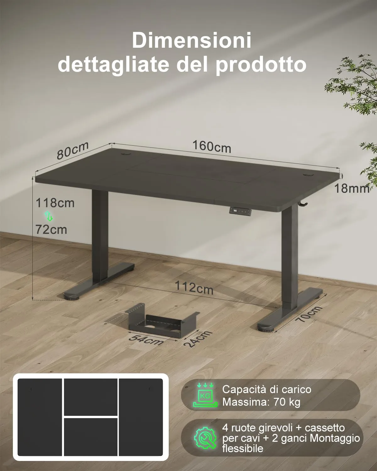 Devoko Scrivania Regolabile in Altezza 160x80 cm, Nero, con Ruote - immagine 2