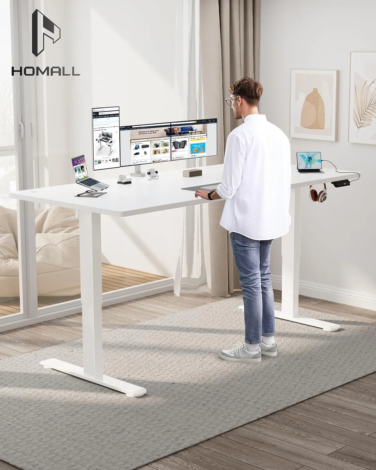 Homall Scrivania Regolabile in Altezza 180x80 cm con Porta USB, Bianco - immagine 2