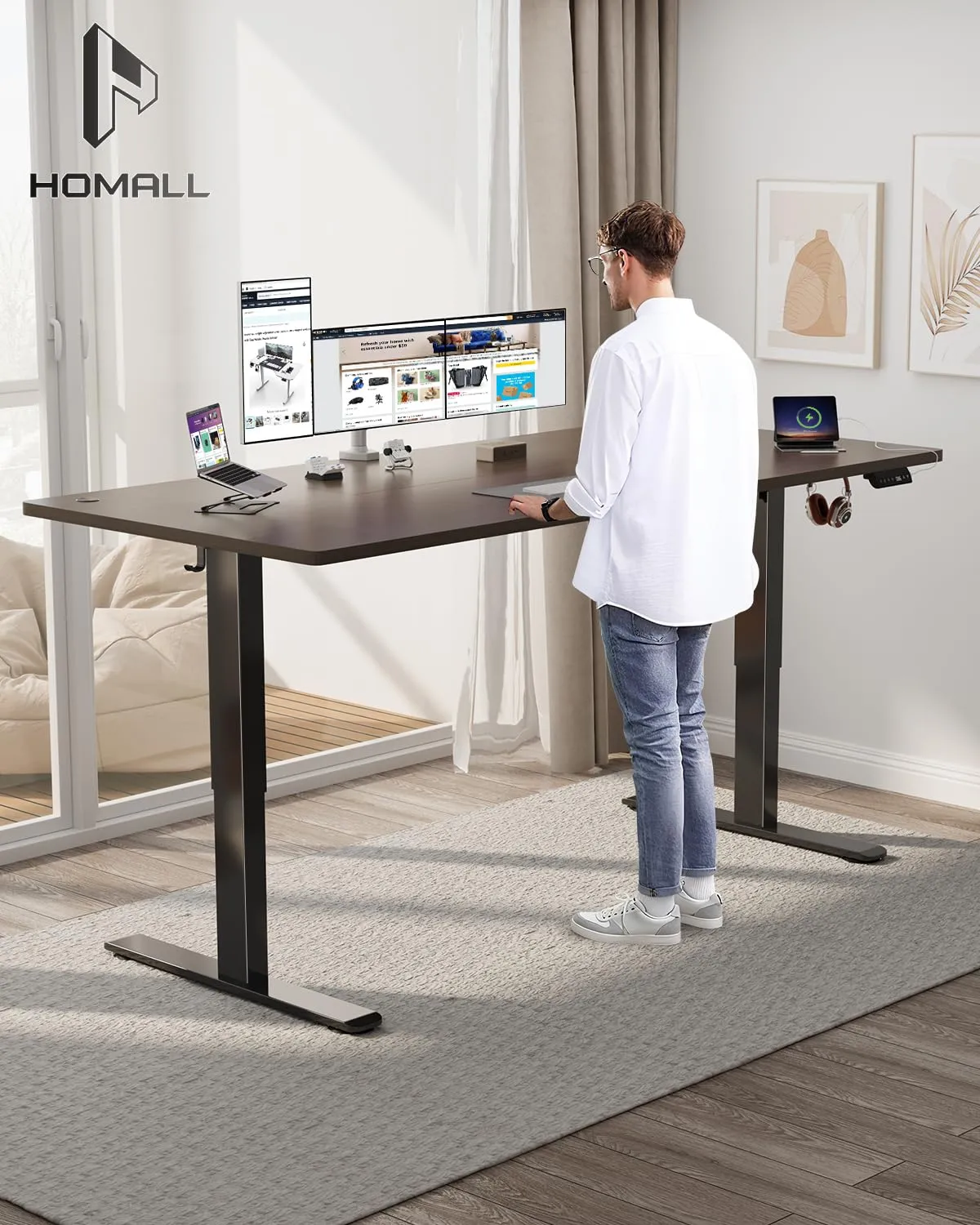 Homall Scrivania Regolabile in Altezza 180x80 cm con Porta USB, Noce - immagine 2