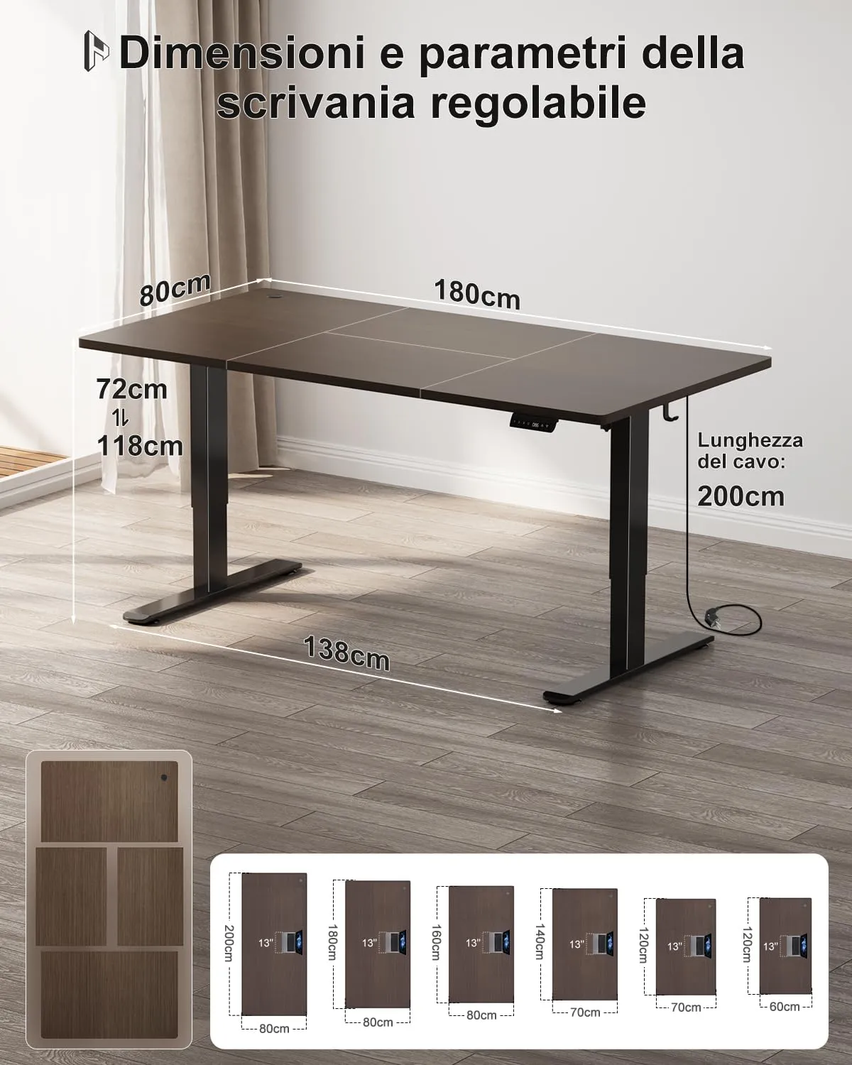 Homall Scrivania Regolabile in Altezza 180x80 cm con Porta USB, Noce - immagine 4