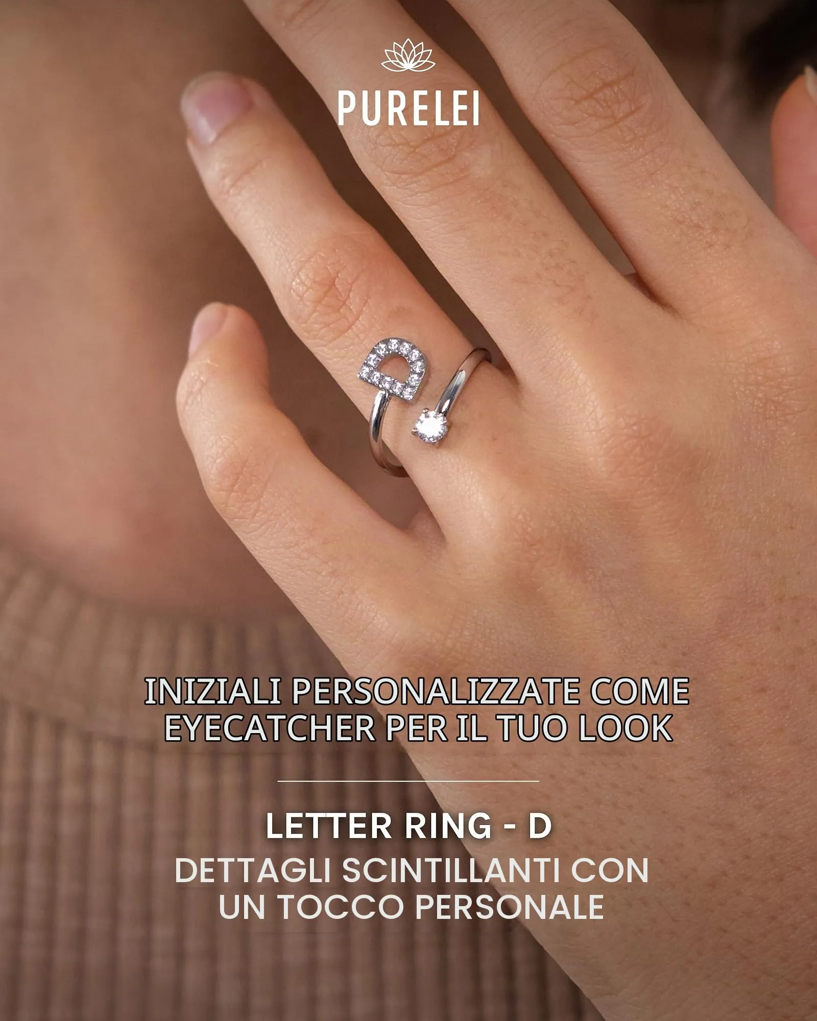 Purelei Anello Lettera D in Acciaio Inox con Zirconia cubica, Regolabile (Taglia 50-60), Argento - immagine 2
