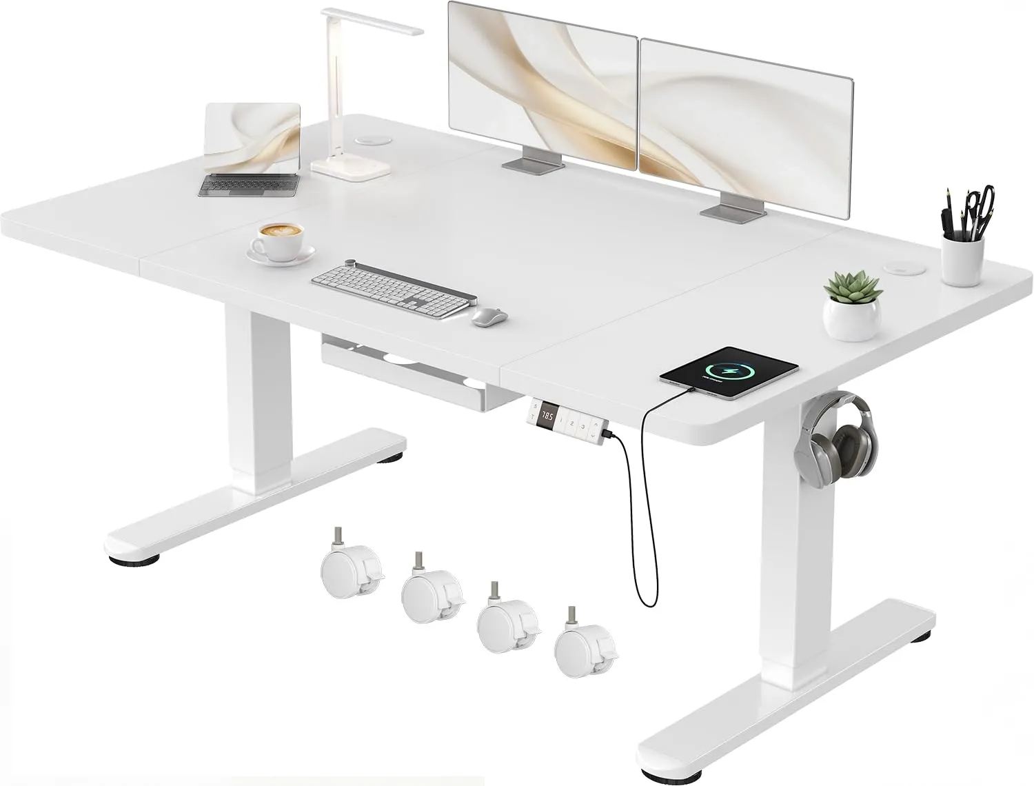Devoko Scrivania Regolabile in Altezza 140x80 cm Bianco con Ruote - immagine 1