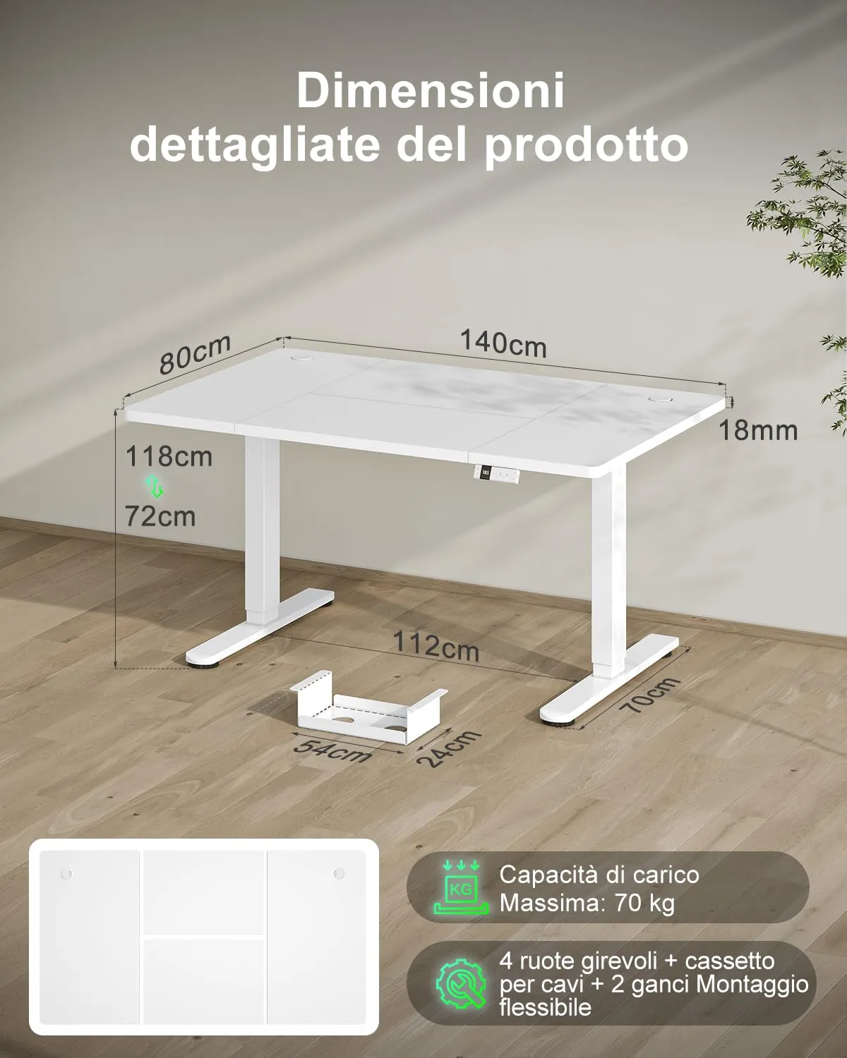 Devoko Scrivania Regolabile in Altezza 140x80 cm Bianco con Ruote - immagine 2