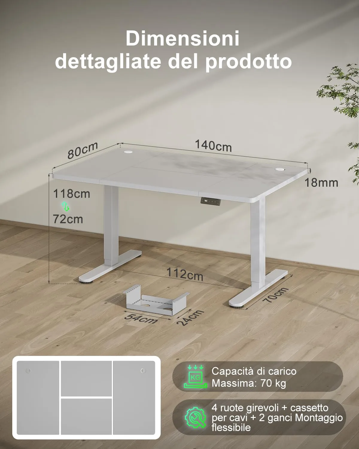 Devoko Scrivania Regolabile in Altezza 140x80 cm Grigio con Ruote - immagine 2