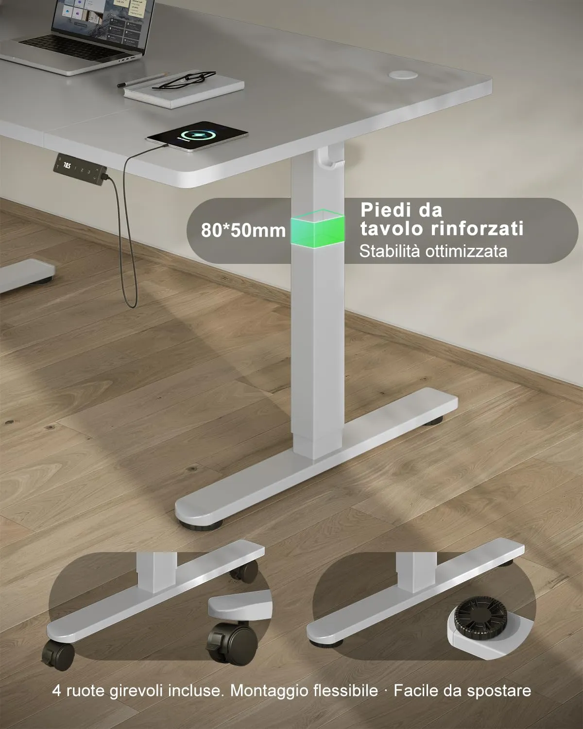Devoko Scrivania Regolabile in Altezza 140x80 cm Grigio con Ruote - immagine 8