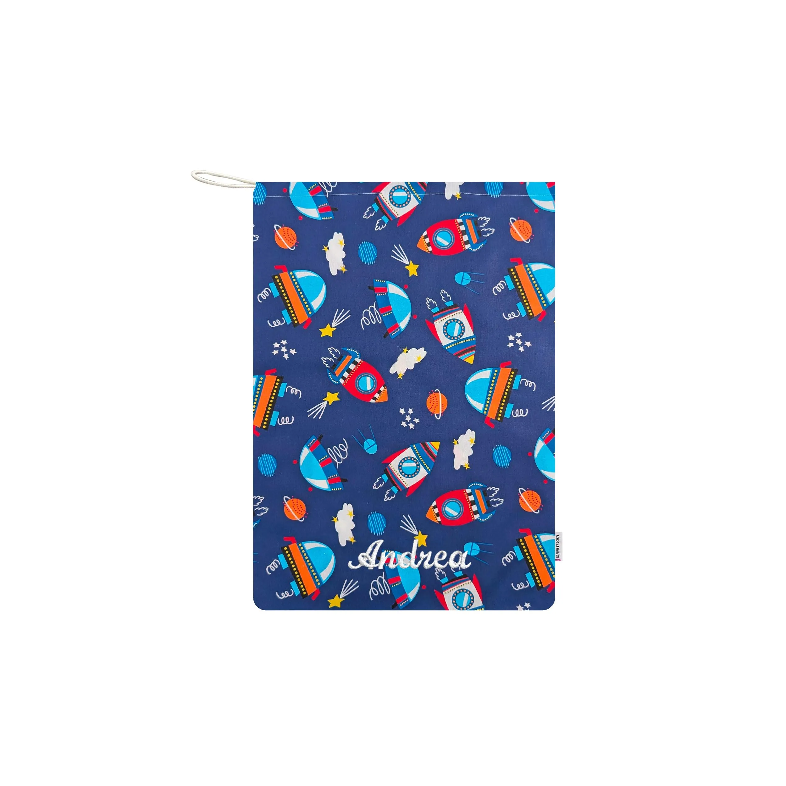 Panini Tessuti Sacchetto Cambio Asilo Nido in Cotone 34x44 cm, Fantasia Orsetto e Astronauta - immagine 1