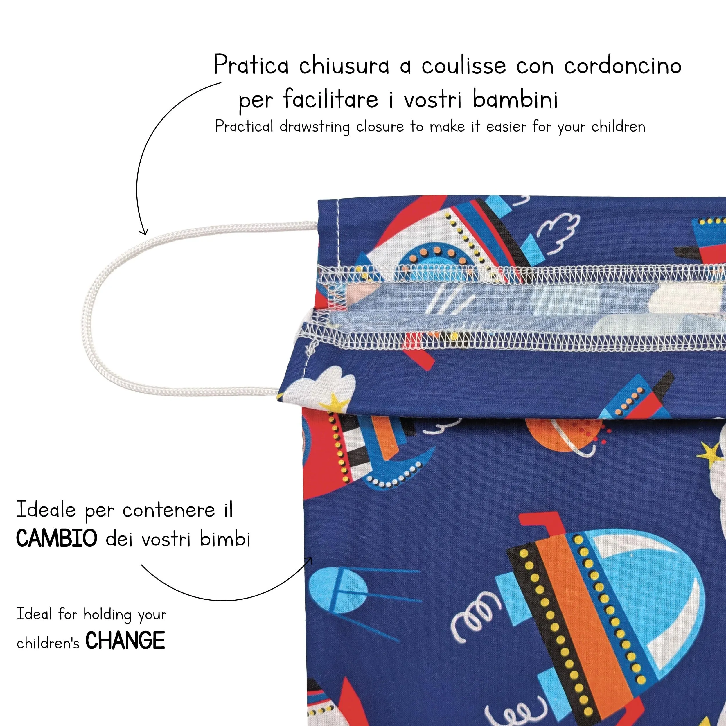 Panini Tessuti Sacchetto Cambio Asilo Nido in Cotone 34x44 cm, Fantasia Orsetto e Astronauta - immagine 5