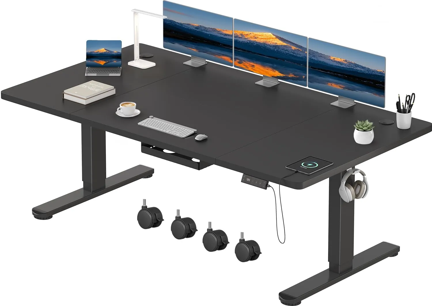 Devoko Scrivania Regolabile in Altezza 180x80 cm Nero con Ruote - immagine 1