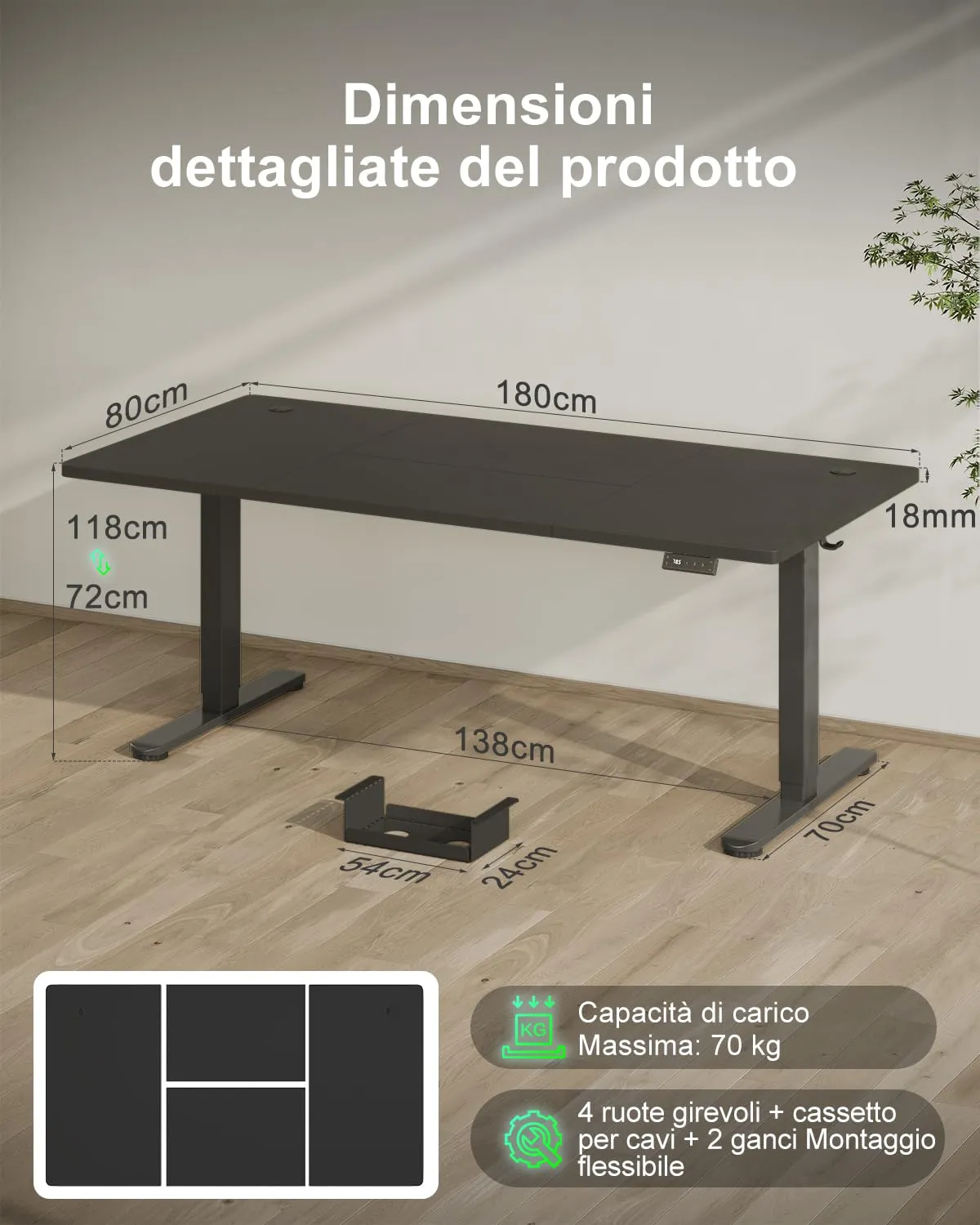 Devoko Scrivania Regolabile in Altezza 180x80 cm Nero con Ruote - immagine 2