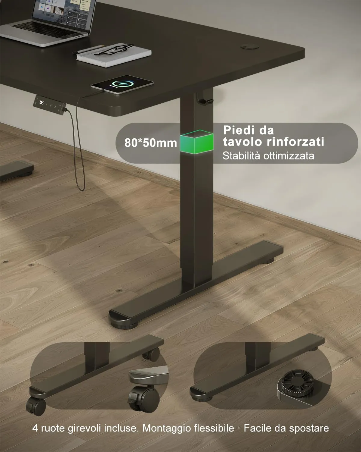 Devoko Scrivania Regolabile in Altezza 180x80 cm Nero con Ruote - immagine 8