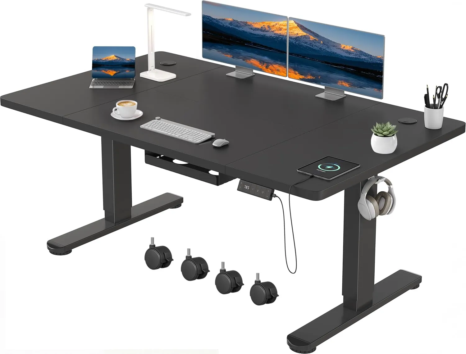 Devoko Scrivania Regolabile in Altezza 140x80 cm Nero con Ruote - immagine 1