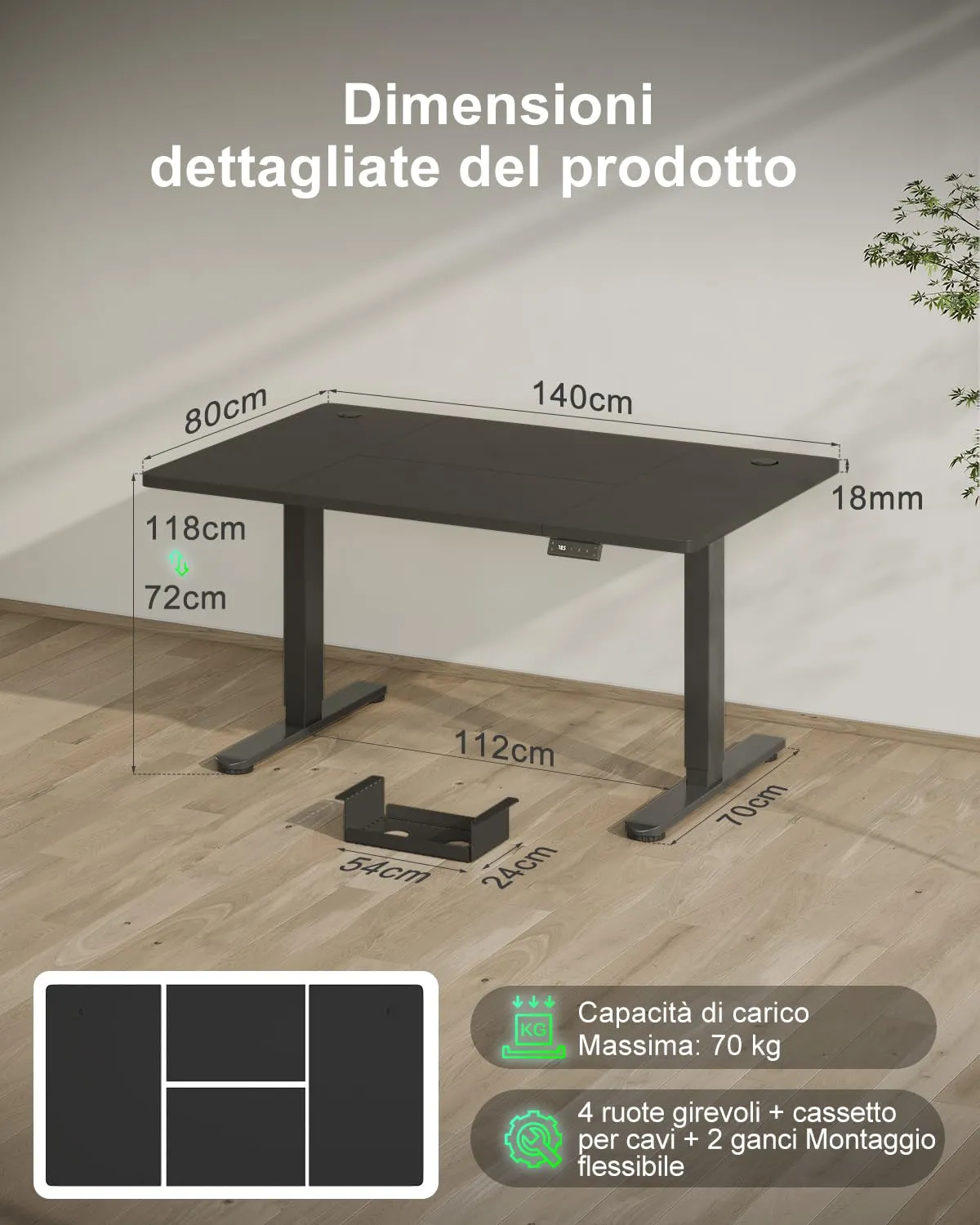 Devoko Scrivania Regolabile in Altezza 140x80 cm Nero con Ruote - immagine 2