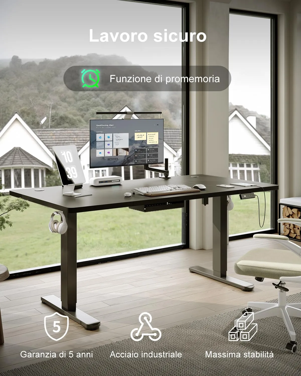 Devoko Scrivania Regolabile in Altezza 140x80 cm Nero con Ruote - immagine 3