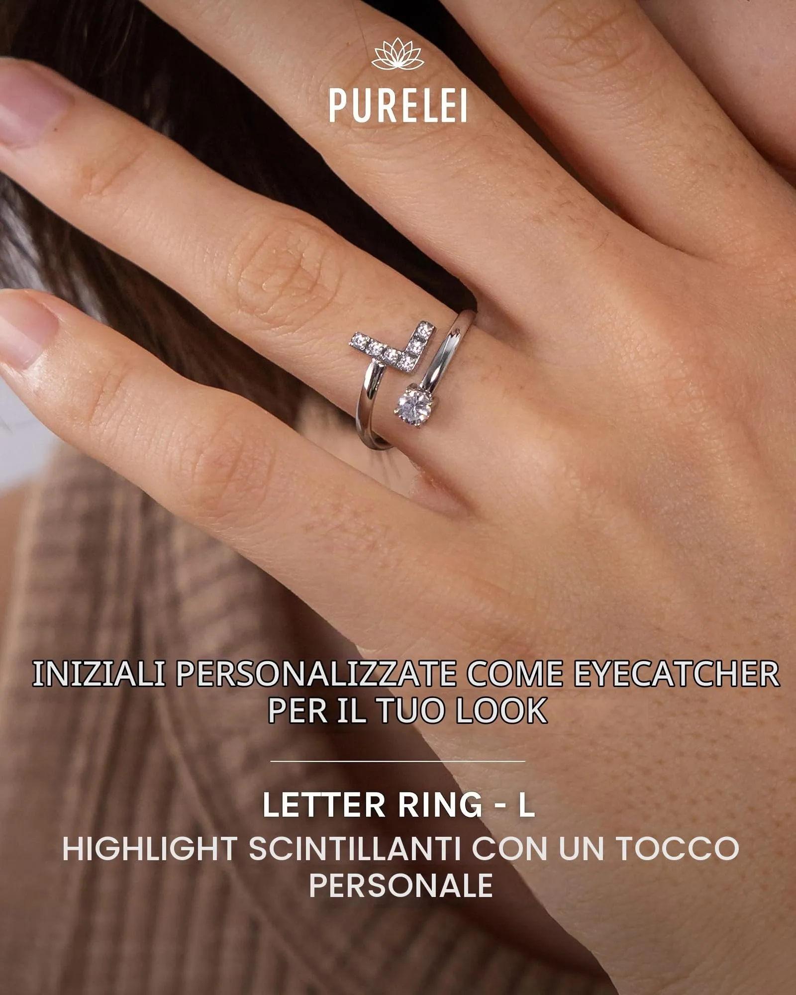 Purelei Anello Lettera L in Acciaio Inox, Regolabile (Taglia 50-60) - immagine 2
