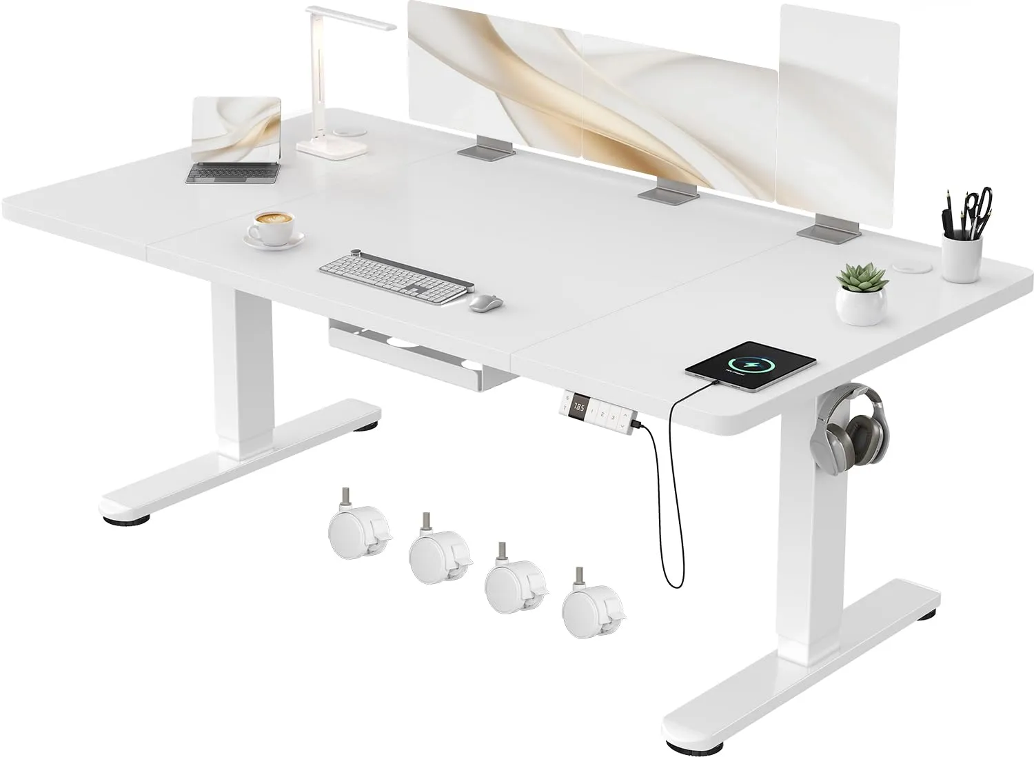 Devoko Scrivania Regolabile in Altezza 160x80 cm Bianco con Ruote - immagine 1
