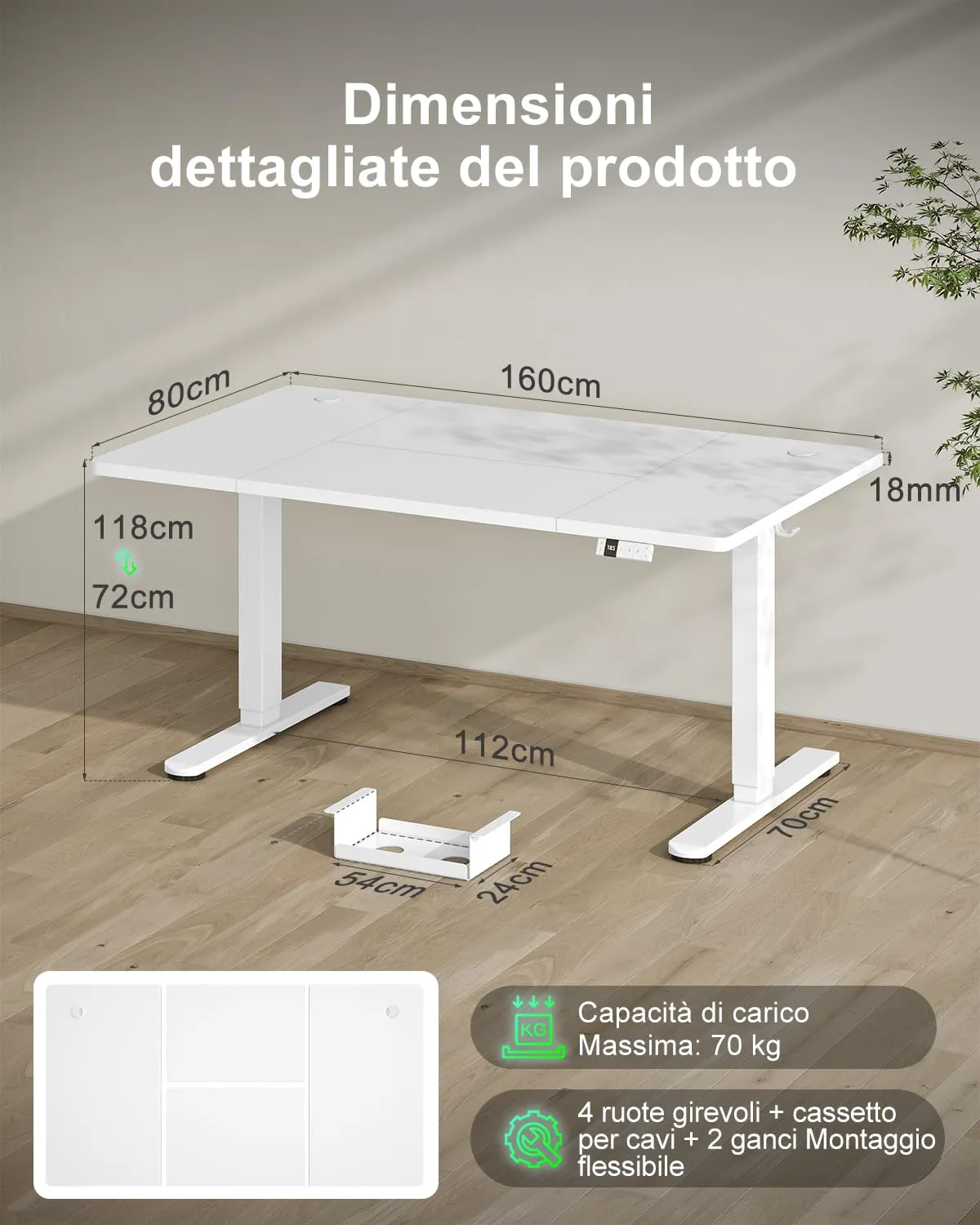 Devoko Scrivania Regolabile in Altezza 160x80 cm Bianco con Ruote - immagine 2