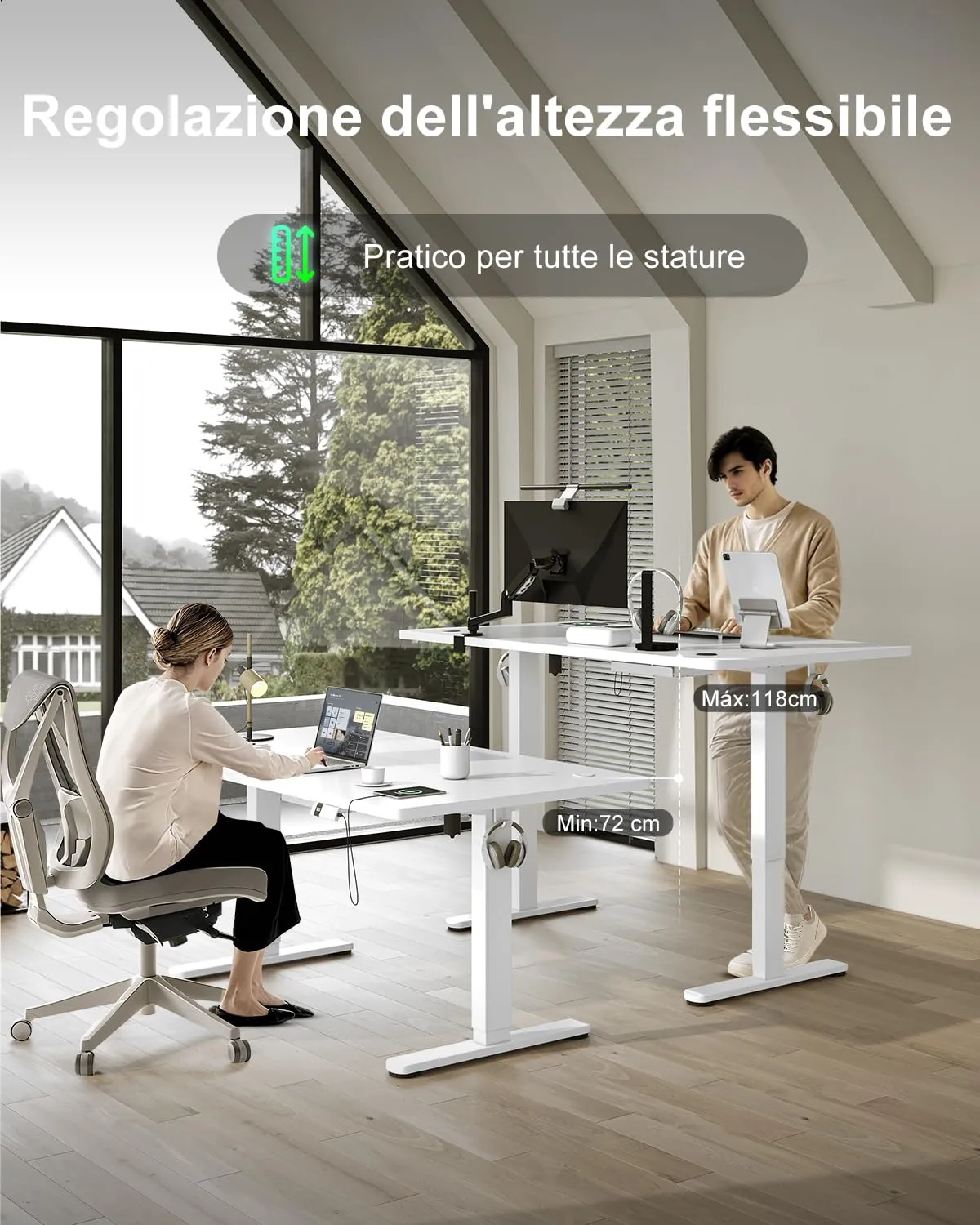 Devoko Scrivania Regolabile in Altezza 160x80 cm Bianco con Ruote - immagine 7