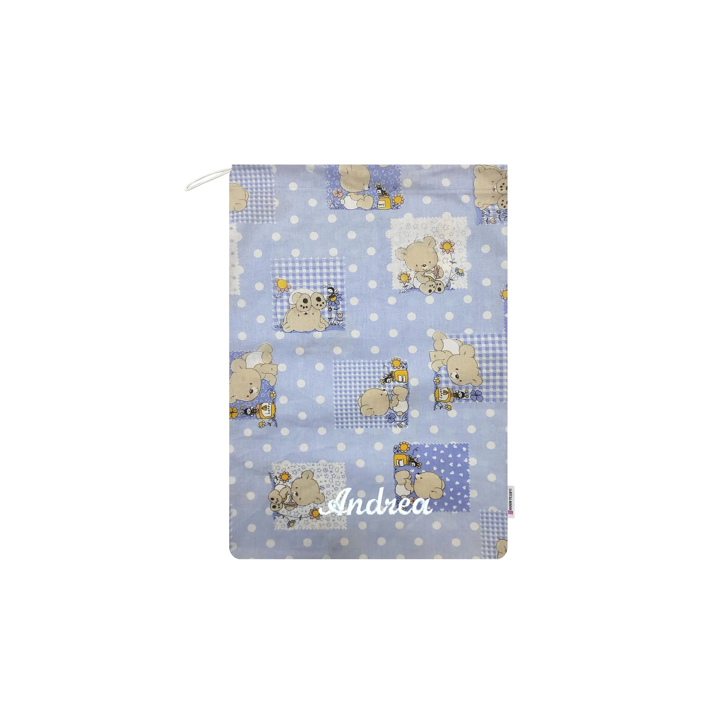 Panini Tessuti Sacchetto Cambio Asilo Nido in Cotone 34x44 cm, Fantasia Orsetto Api Azzurro - immagine 1