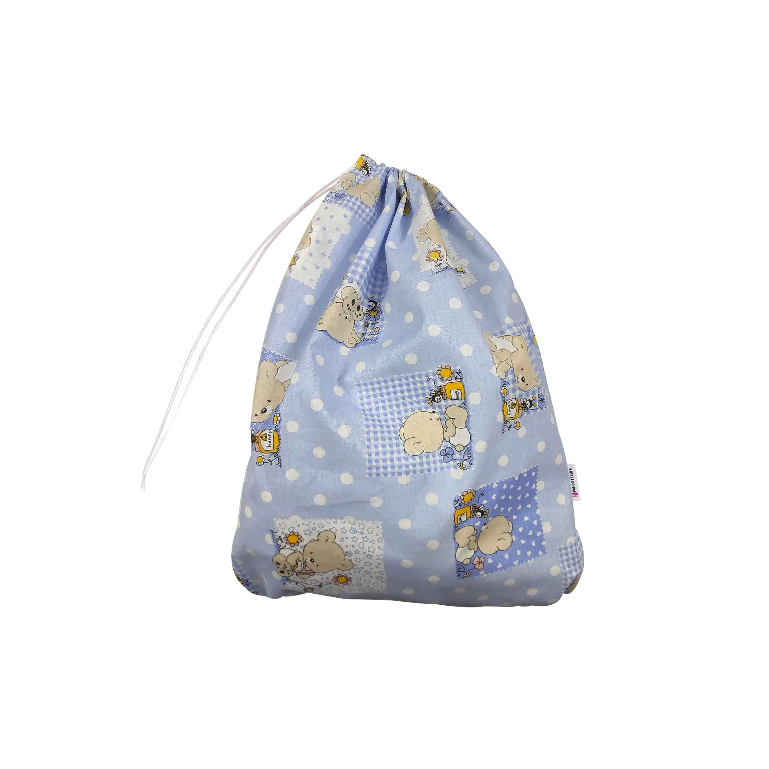 Panini Tessuti Sacchetto Cambio Asilo Nido in Cotone 34x44 cm, Fantasia Orsetto Api Azzurro - immagine 2