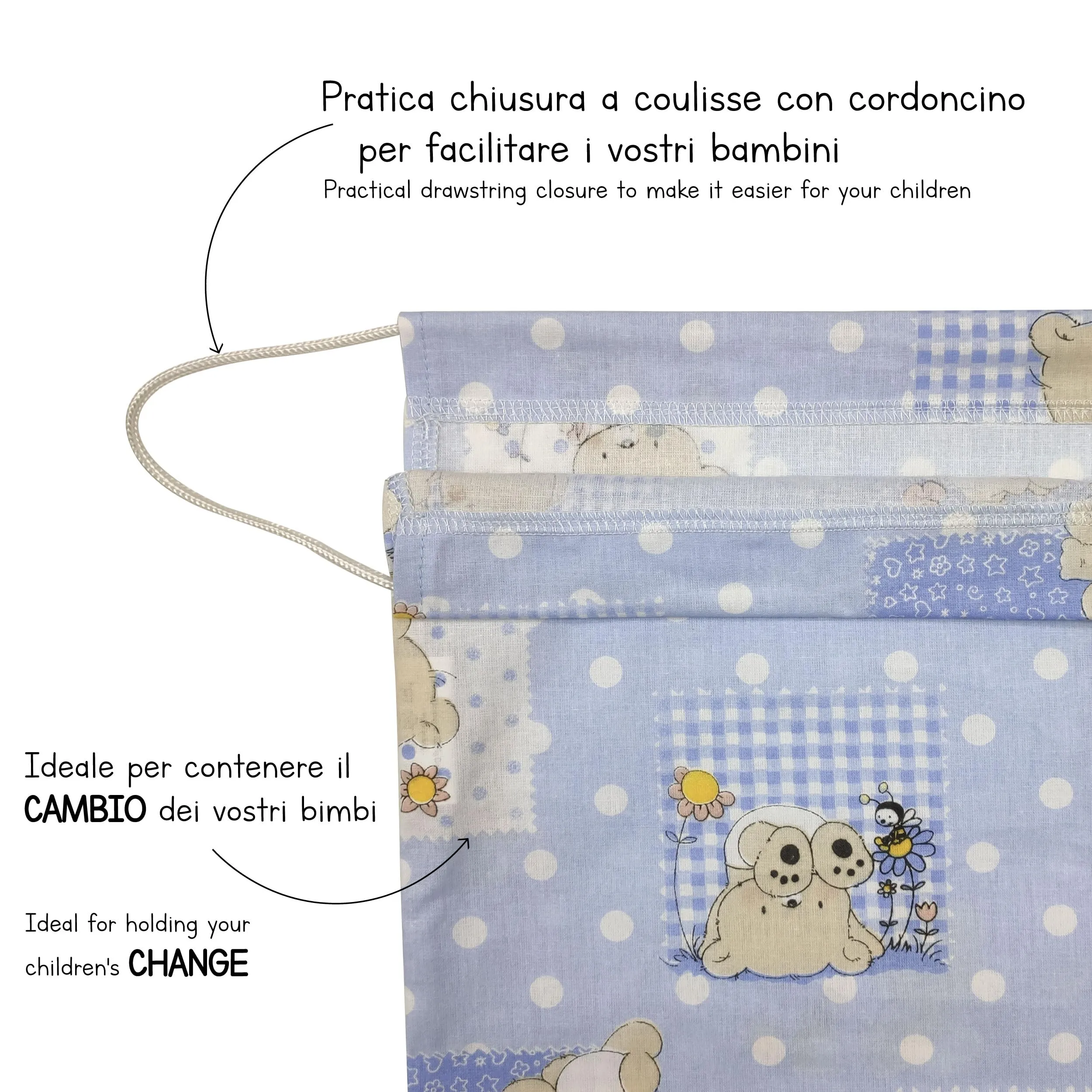 Panini Tessuti Sacchetto Cambio Asilo Nido in Cotone 34x44 cm, Fantasia Orsetto Api Azzurro - immagine 5