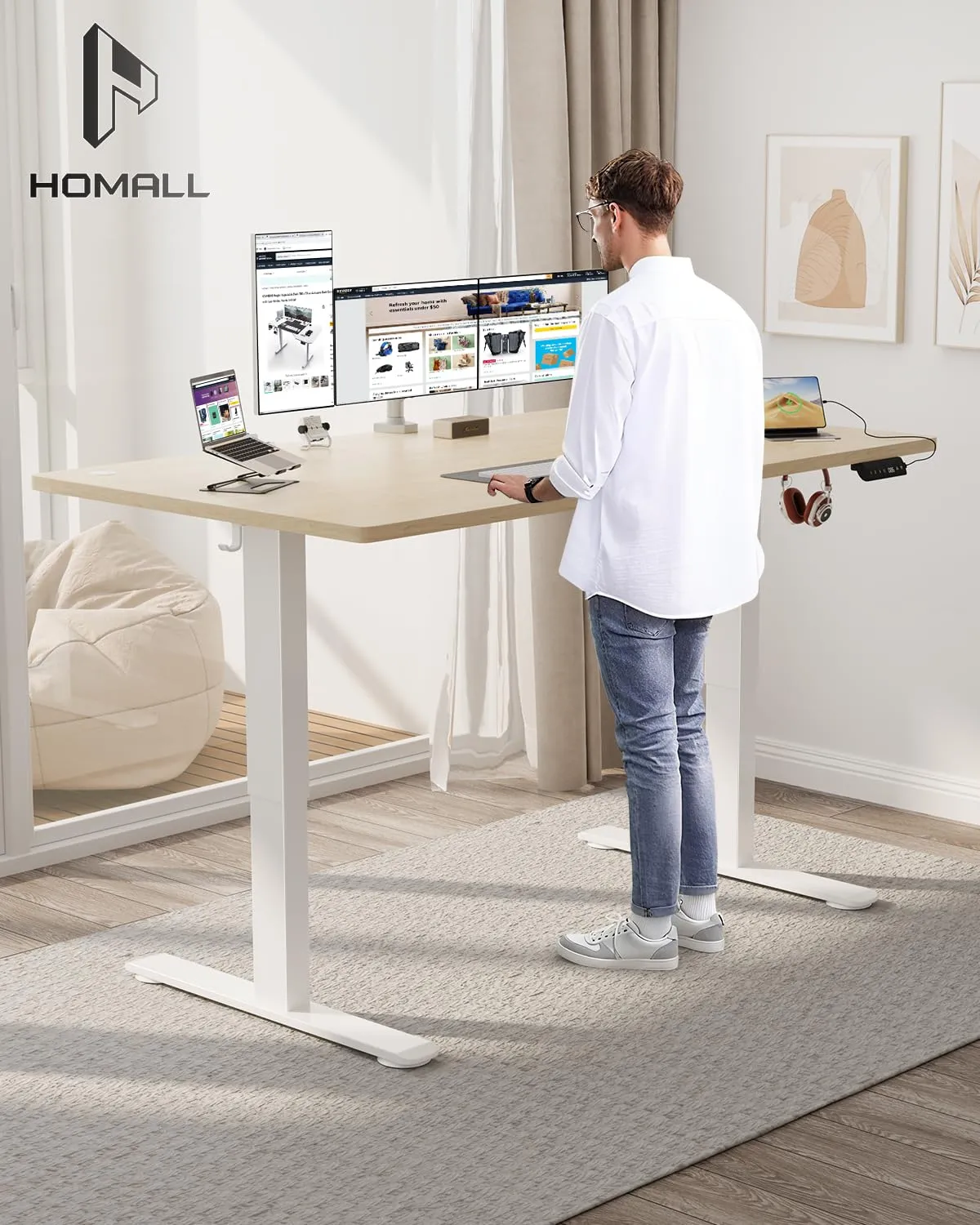 Homall Scrivania Regolabile in Altezza 160x80 cm con Porta USB, Beige - immagine 2