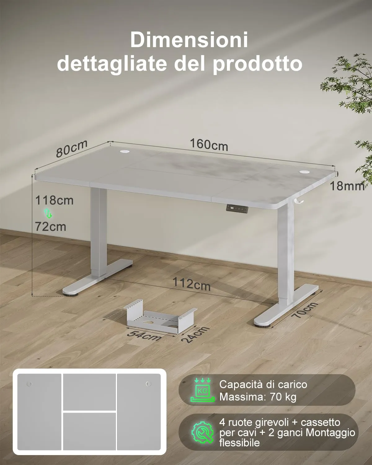 Devoko Scrivania Regolabile in Altezza 160x80 cm Grigio con Ruote - immagine 3