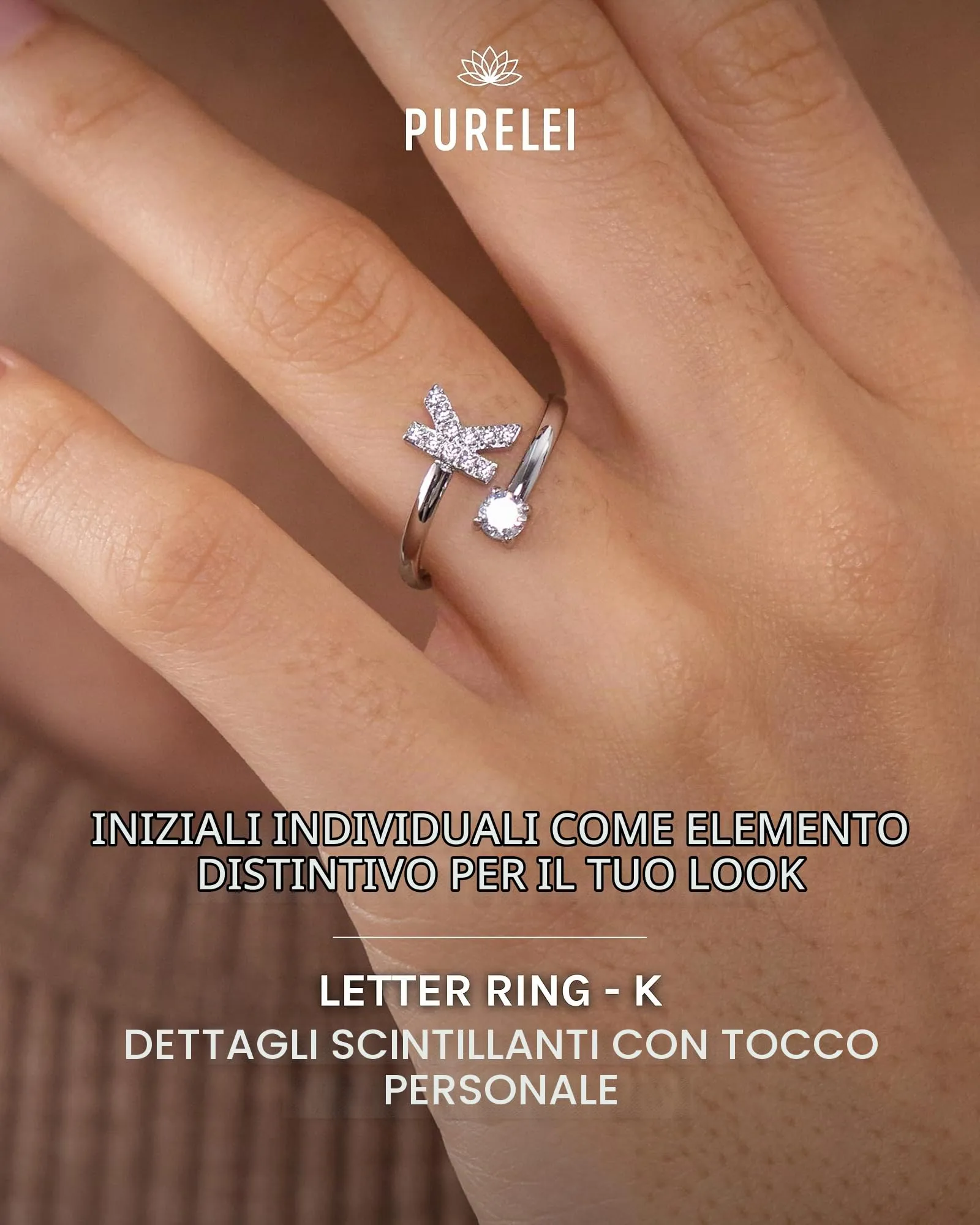 Purelei Anello lettera K in acciaio inox, regolabile 50-60, resistente all'acqua - immagine 2