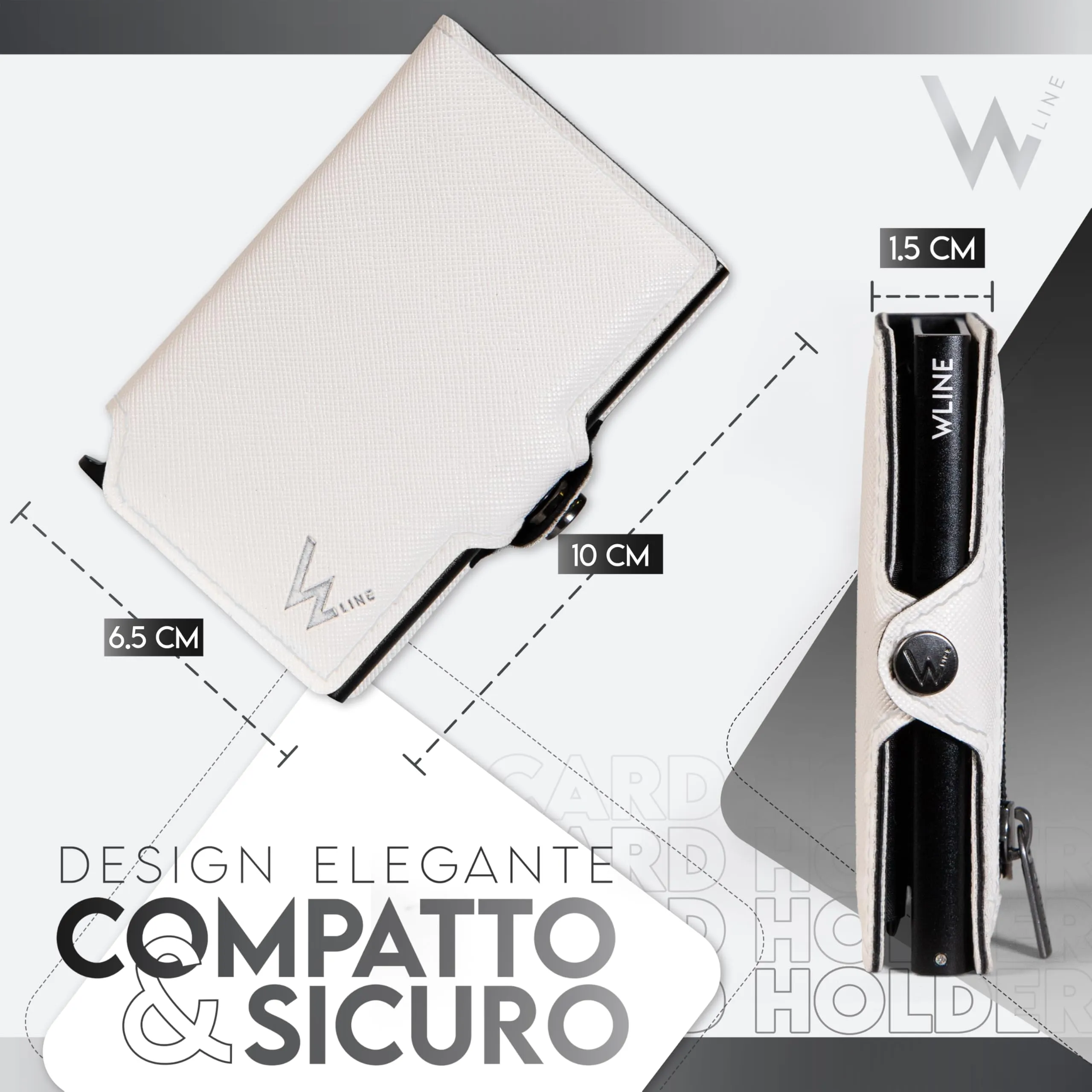WLine Portafoglio Slim RFID con Zip, Pelle PU Saffiano Bianco e Nero - immagine 2