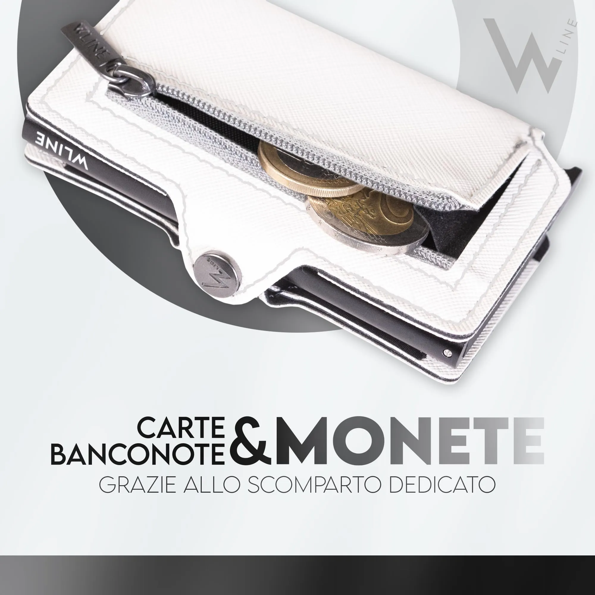 WLine Portafoglio Slim RFID con Zip, Pelle PU Saffiano Bianco e Nero - immagine 3