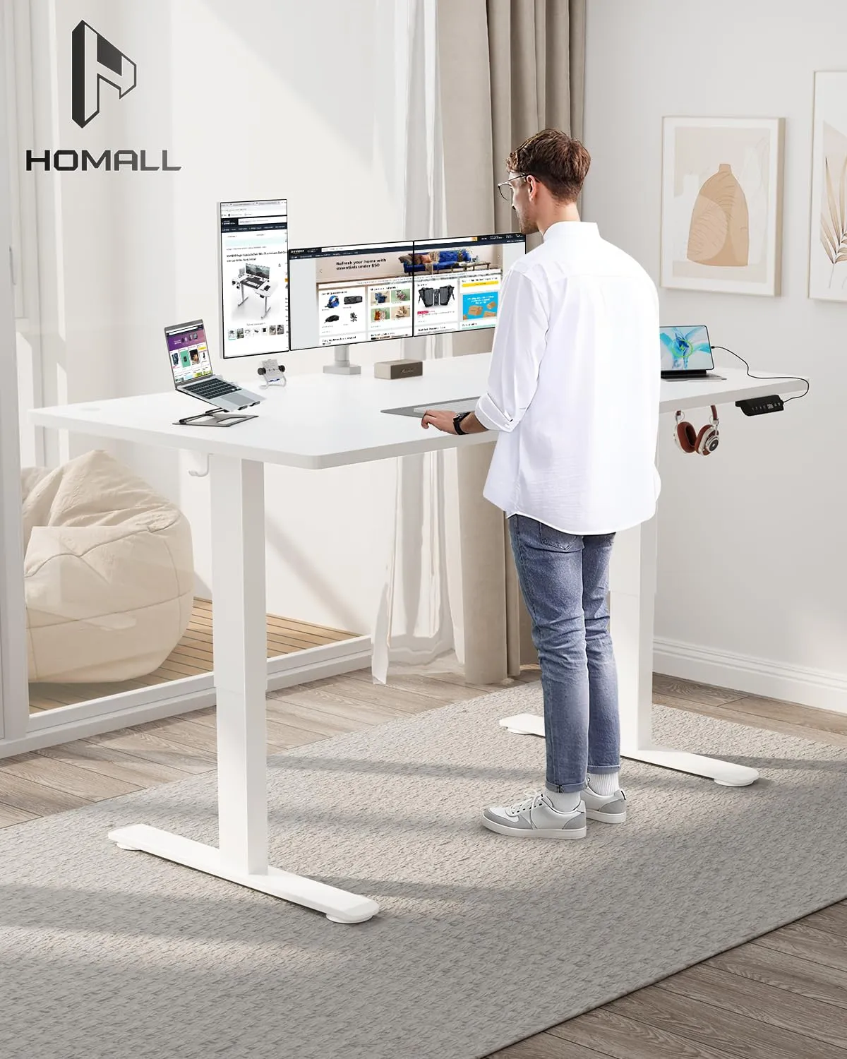 Homall Scrivania Regolabile in Altezza 160x80 cm con Porta USB, Bianco - immagine 2