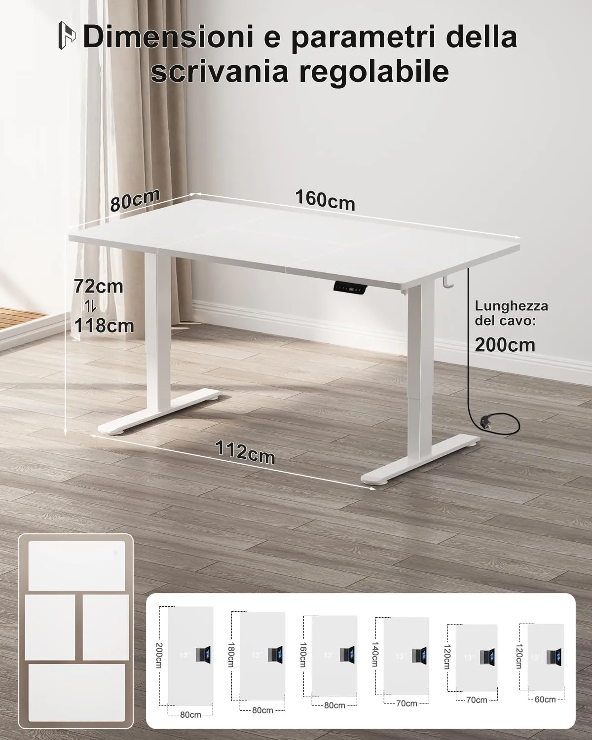 Homall Scrivania Regolabile in Altezza 160x80 cm con Porta USB, Bianco - immagine 3