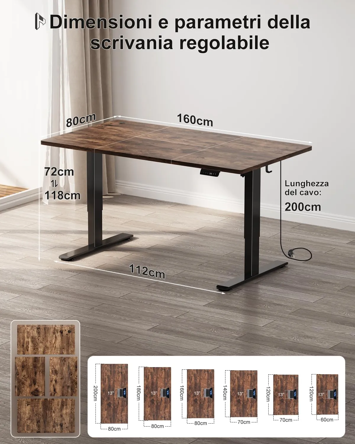 Homall Scrivania Regolabile in Altezza 160x80 cm con Porta USB, Marrone - immagine 3