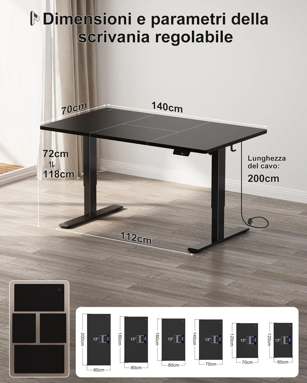 Homall Scrivania Regolabile in Altezza 140x70 cm con Porta USB, Nero - immagine 2