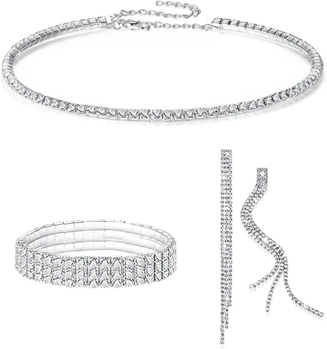 FDEETY Parure Gioielli Sposa in Strass e Cristallo, Collana, Orecchini e Bracciale (Argento) - immagine 1