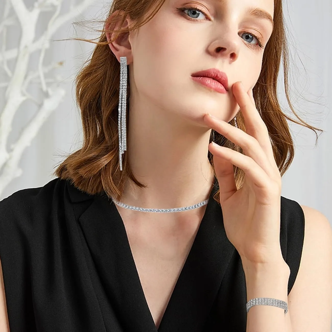 FDEETY Parure Gioielli Sposa in Strass e Cristallo, Collana, Orecchini e Bracciale (Argento) - immagine 6