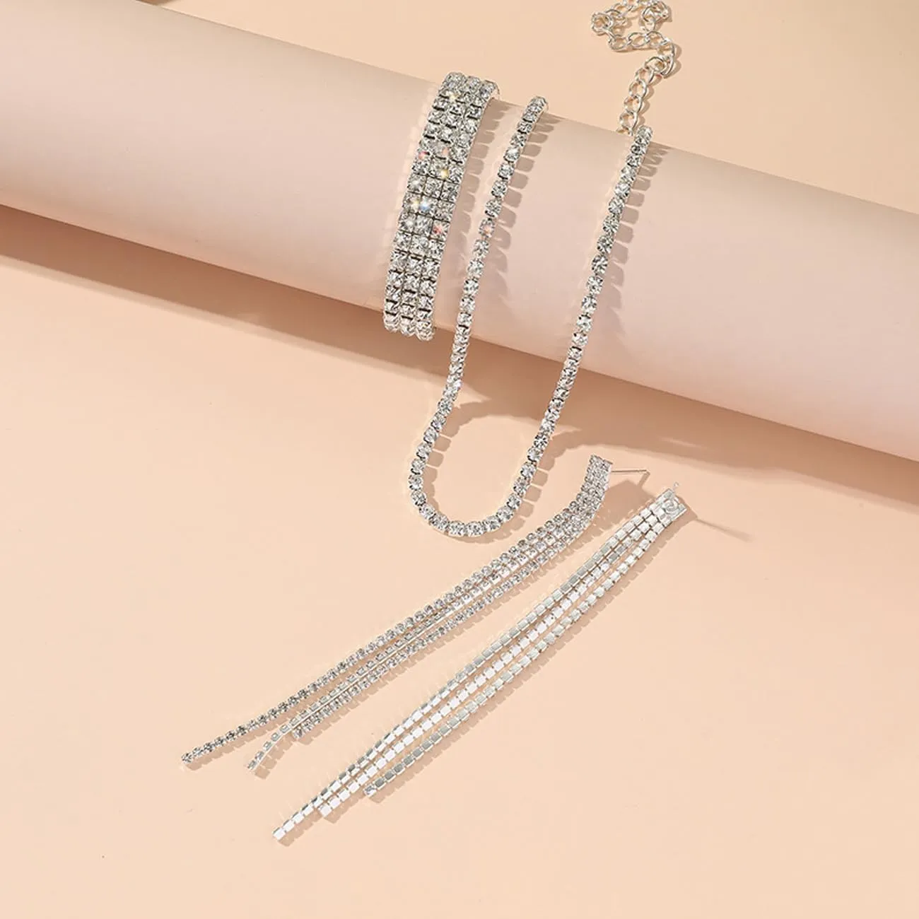 FDEETY Parure Gioielli Sposa in Strass e Cristallo, Collana, Orecchini e Bracciale (Argento) - immagine 7