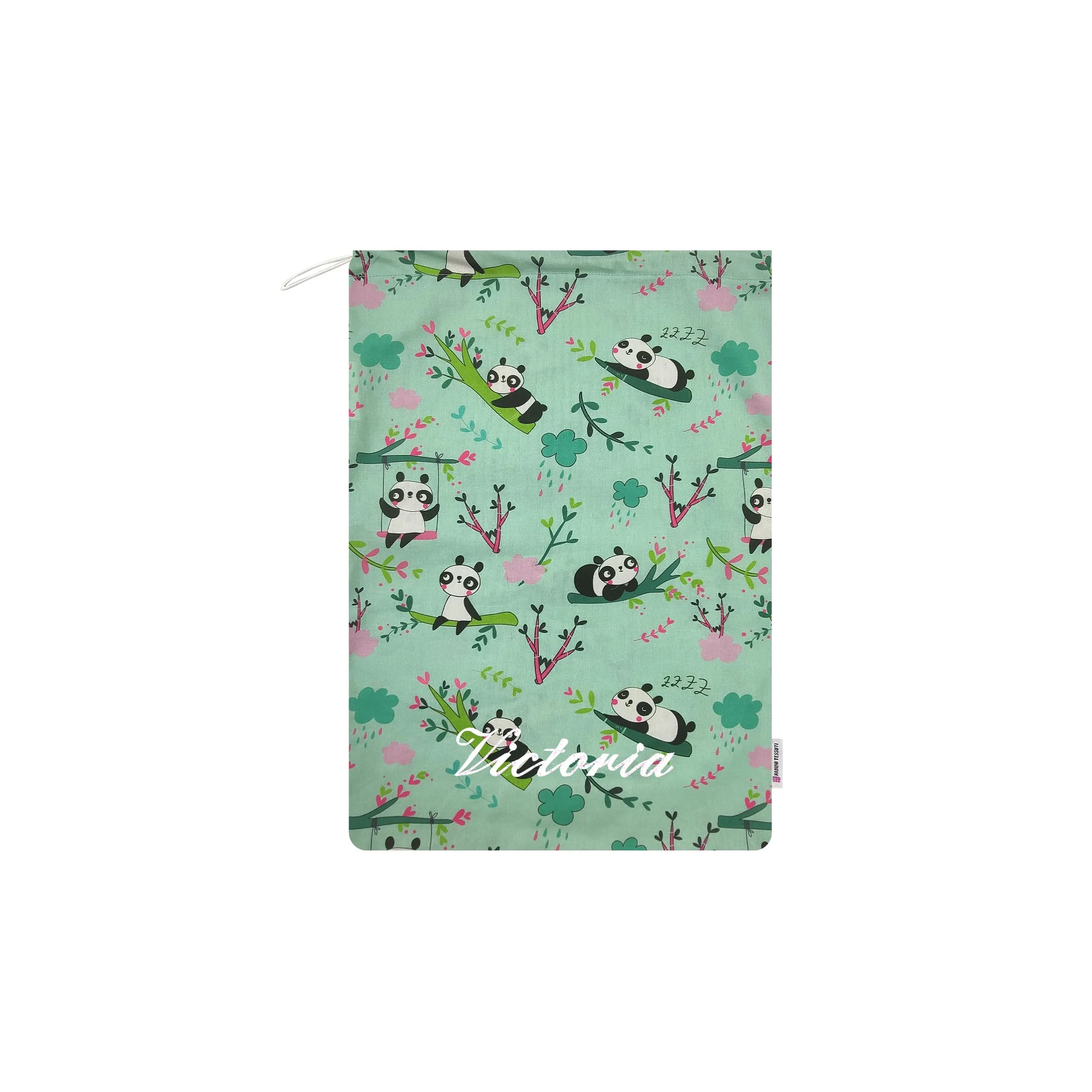 Panini Tessuti Sacchetto per Cambio Asilo Nido in Cotone 34x44 cm, Fantasia Panda Verde Menta - immagine 1