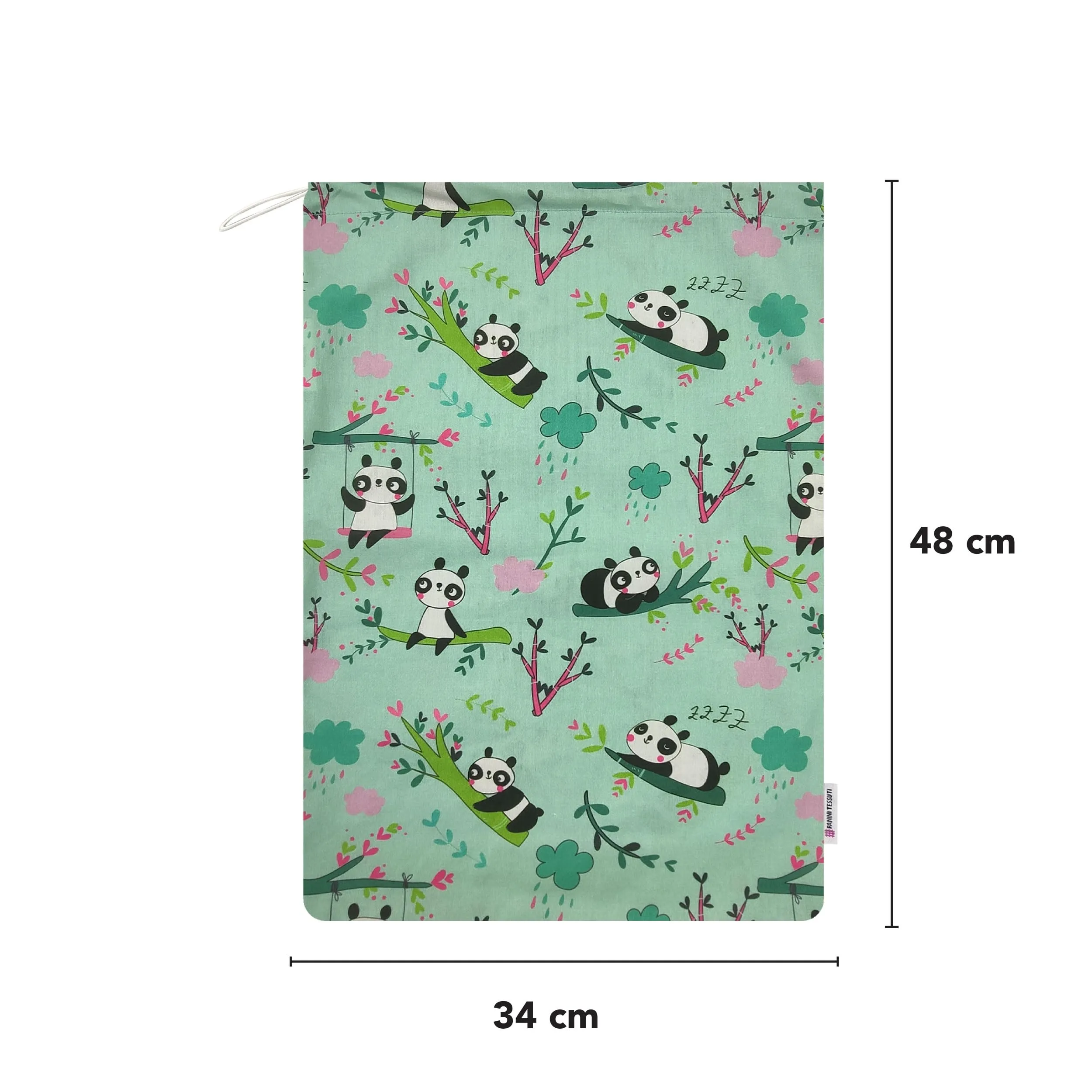 Panini Tessuti Sacchetto per Cambio Asilo Nido in Cotone 34x44 cm, Fantasia Panda Verde Menta - immagine 3