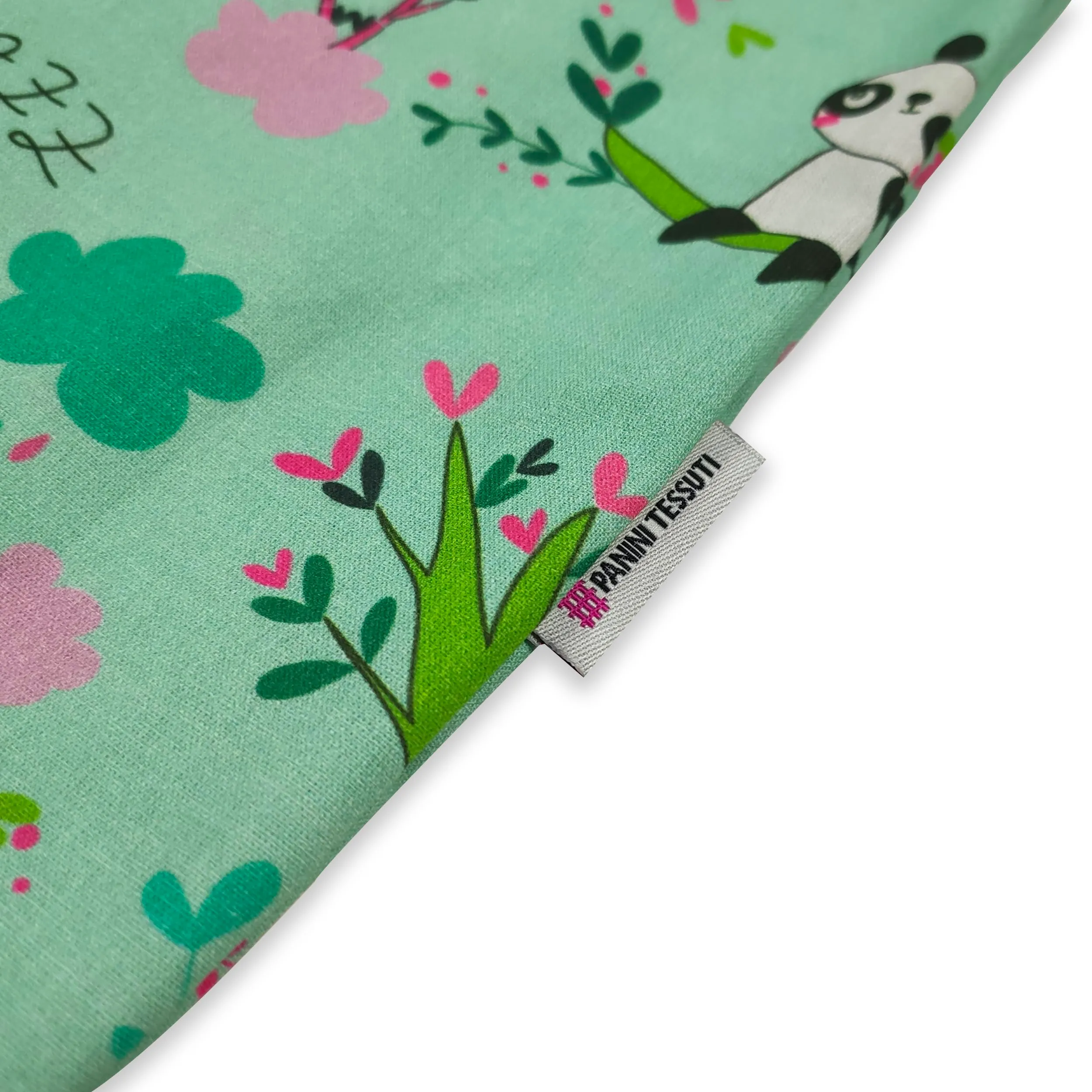 Panini Tessuti Sacchetto per Cambio Asilo Nido in Cotone 34x44 cm, Fantasia Panda Verde Menta - immagine 4