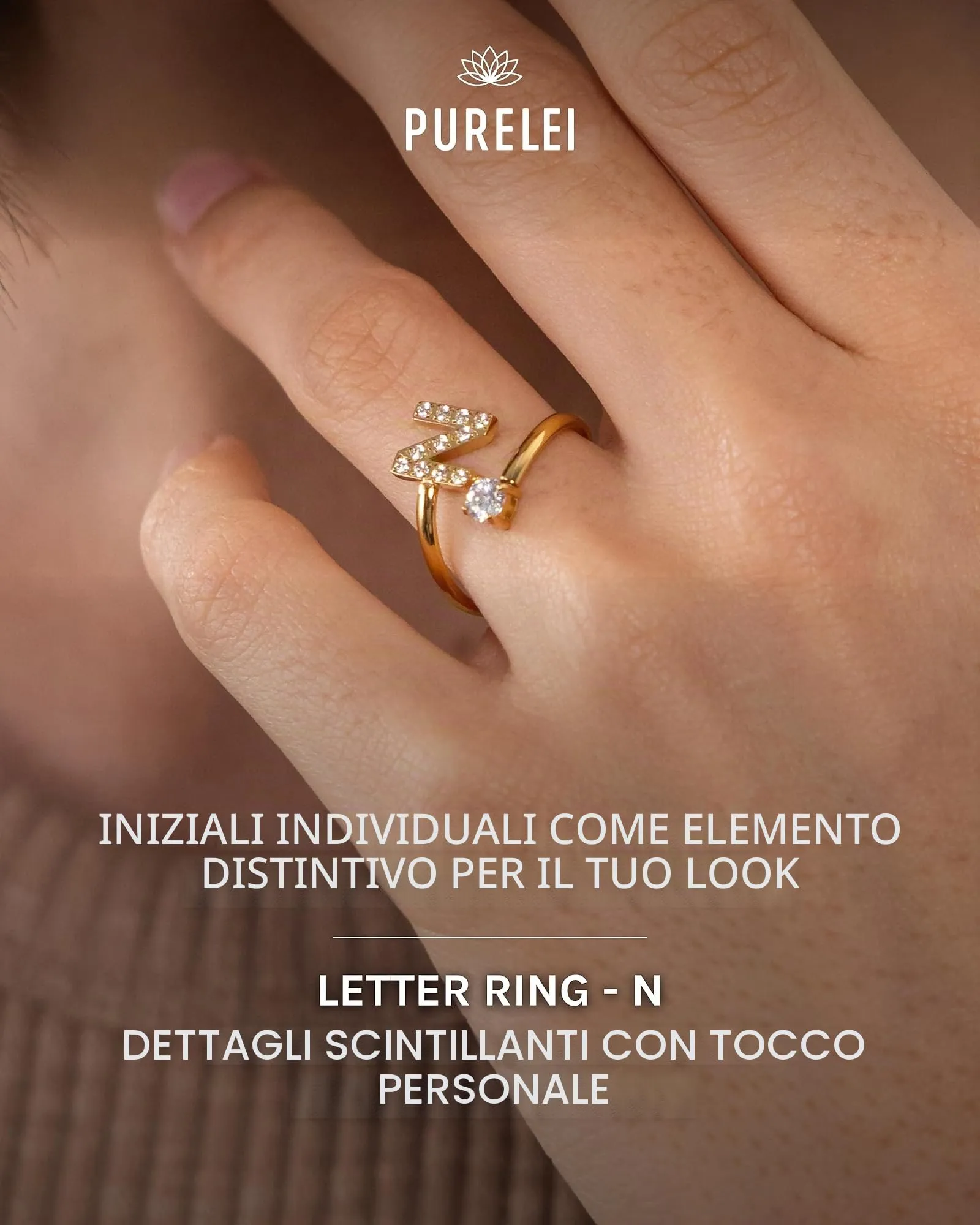 Purelei Anello con lettere in acciaio inossidabile, regolabile (taglia 50-60), oro - immagine 2