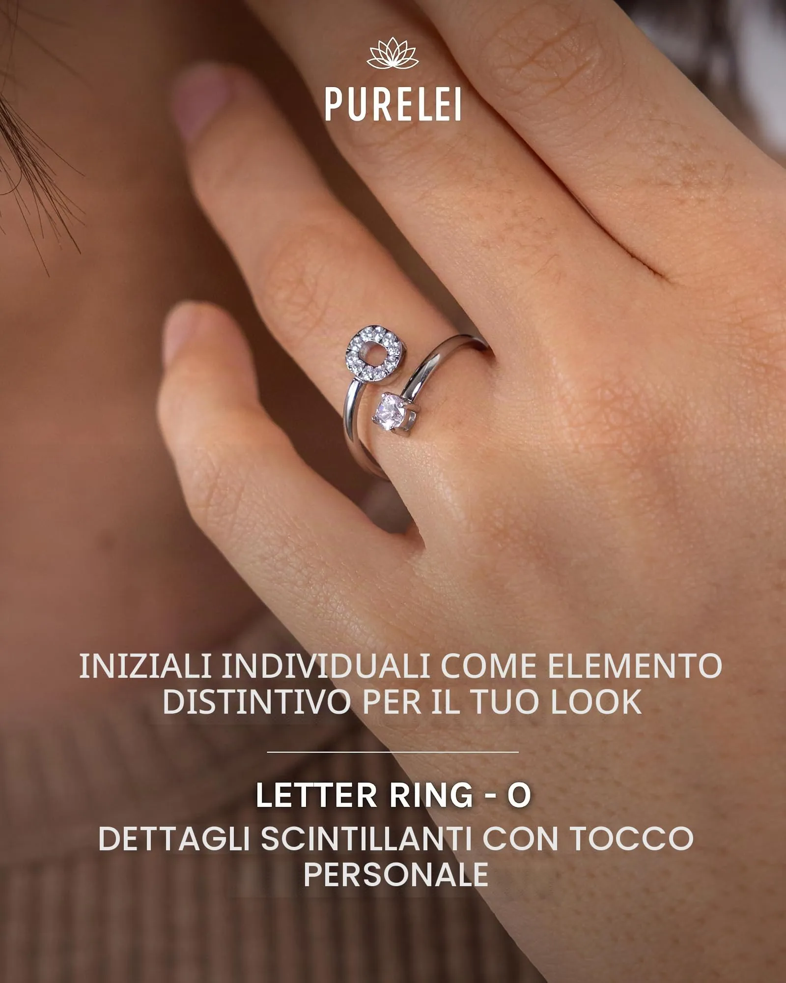 Purelei Anello Lettera in Acciaio Inox con Zirconia, Regolabile Taglia 50-60 - immagine 2